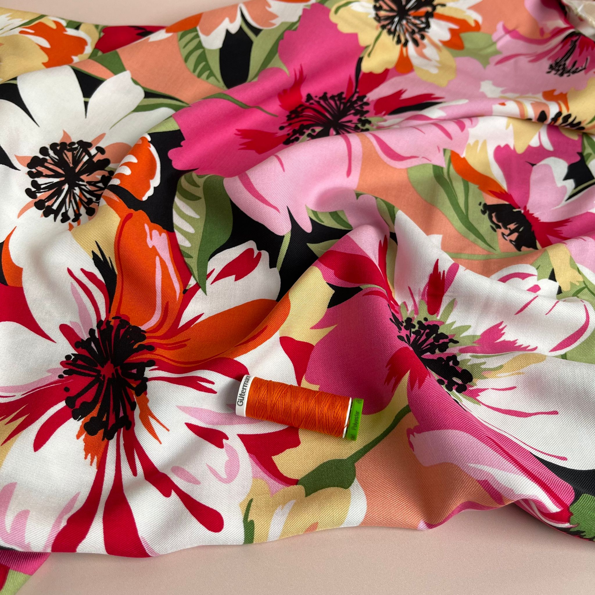 REMNANT 1.43 Metres - Joyful Blooms Pink Viscose Twill Fabric (Copy)