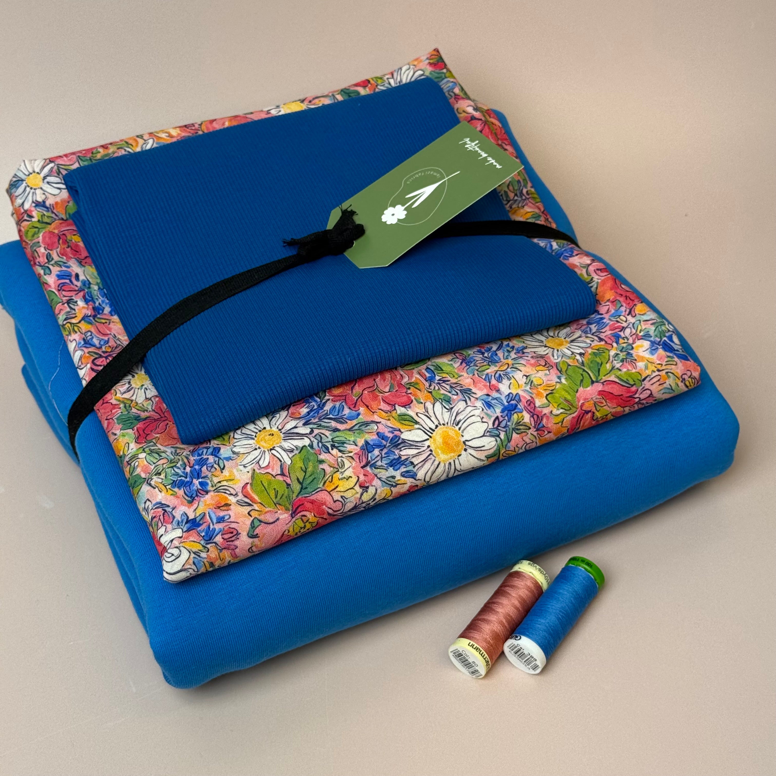 Make an Outfit Colour Bundle - Daisies Viscose & Sweatshirting in Bright Blue with Ribbing