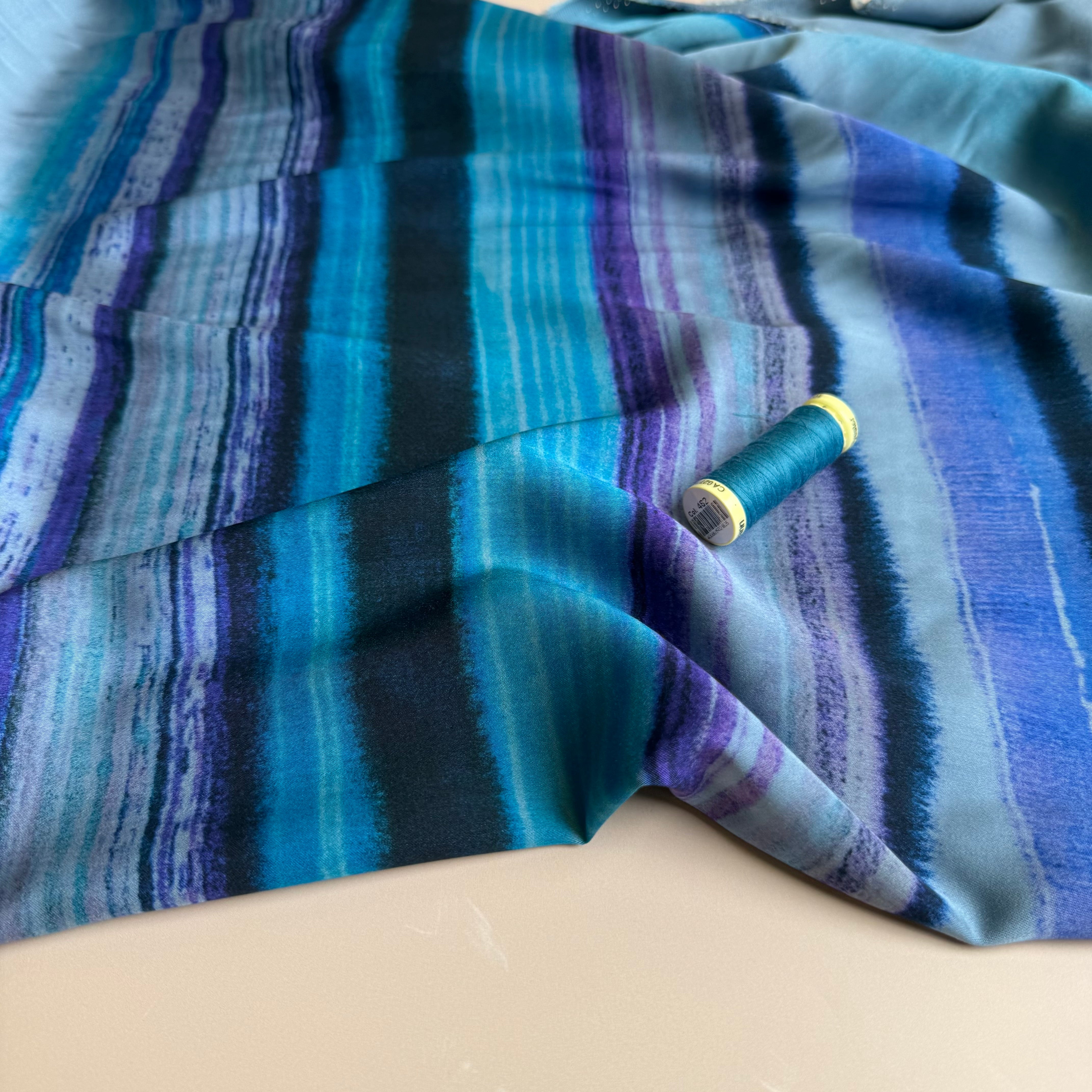 Hazy Horizontal Stripes Ocean Viscose Sateen Fabric