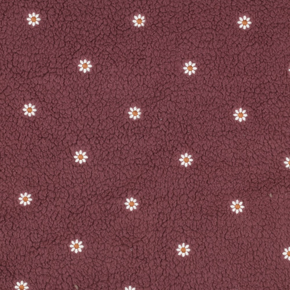 Embroidered Daisies on Rosewood Teddy Fabric