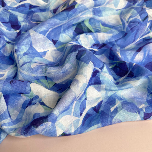 REMNANT 0.92 Metres - Summer Party - Painted Foliage Ocean Pure Linen