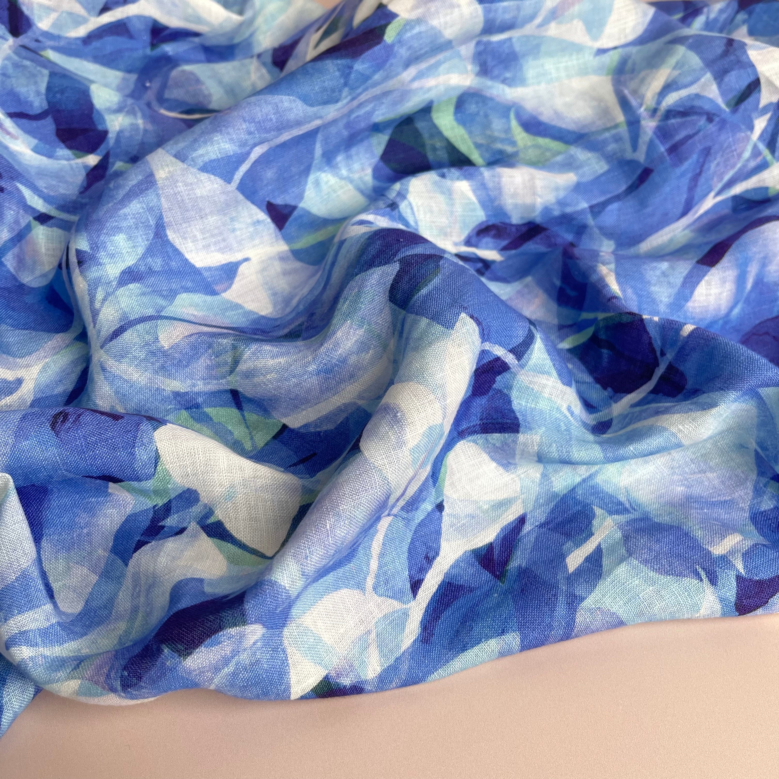 REMNANT 0.69 Metre - Summer Party - Painted Foliage Ocean Pure Linen