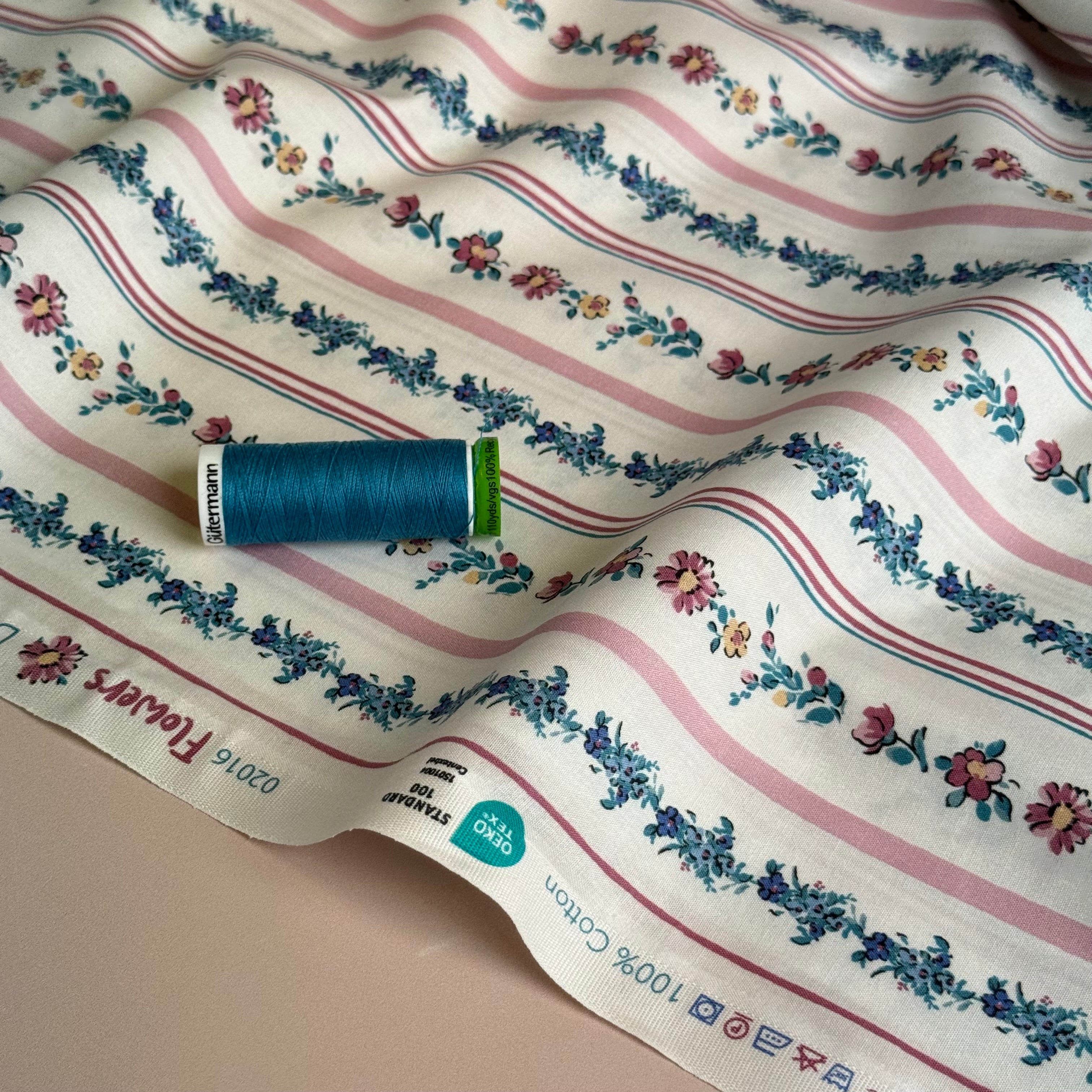 Floral Stripes on White Fine Cotton Poplin Fabric