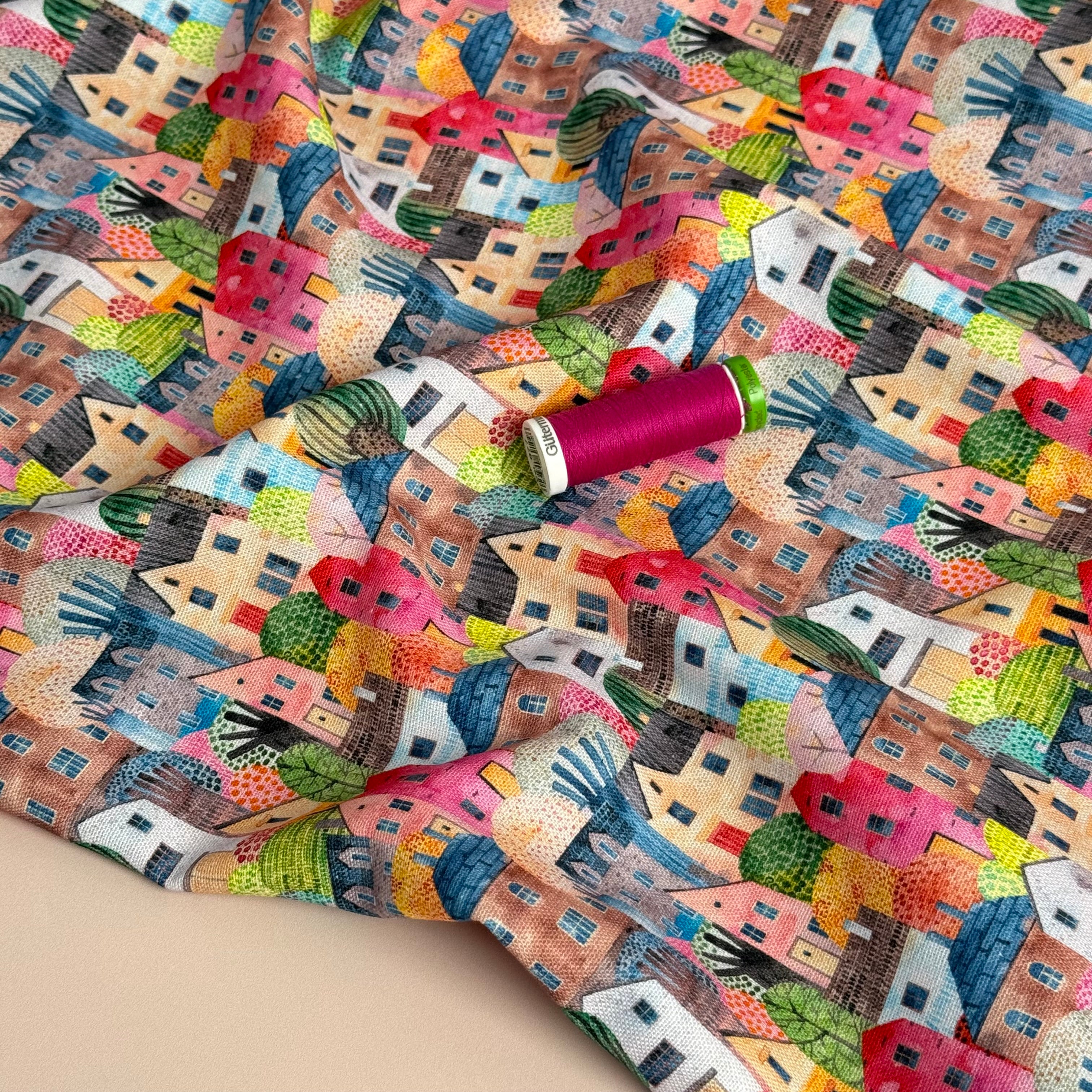 REMNANT 0.63 Metre - Rainbow Houses Viscose Linen Fabric