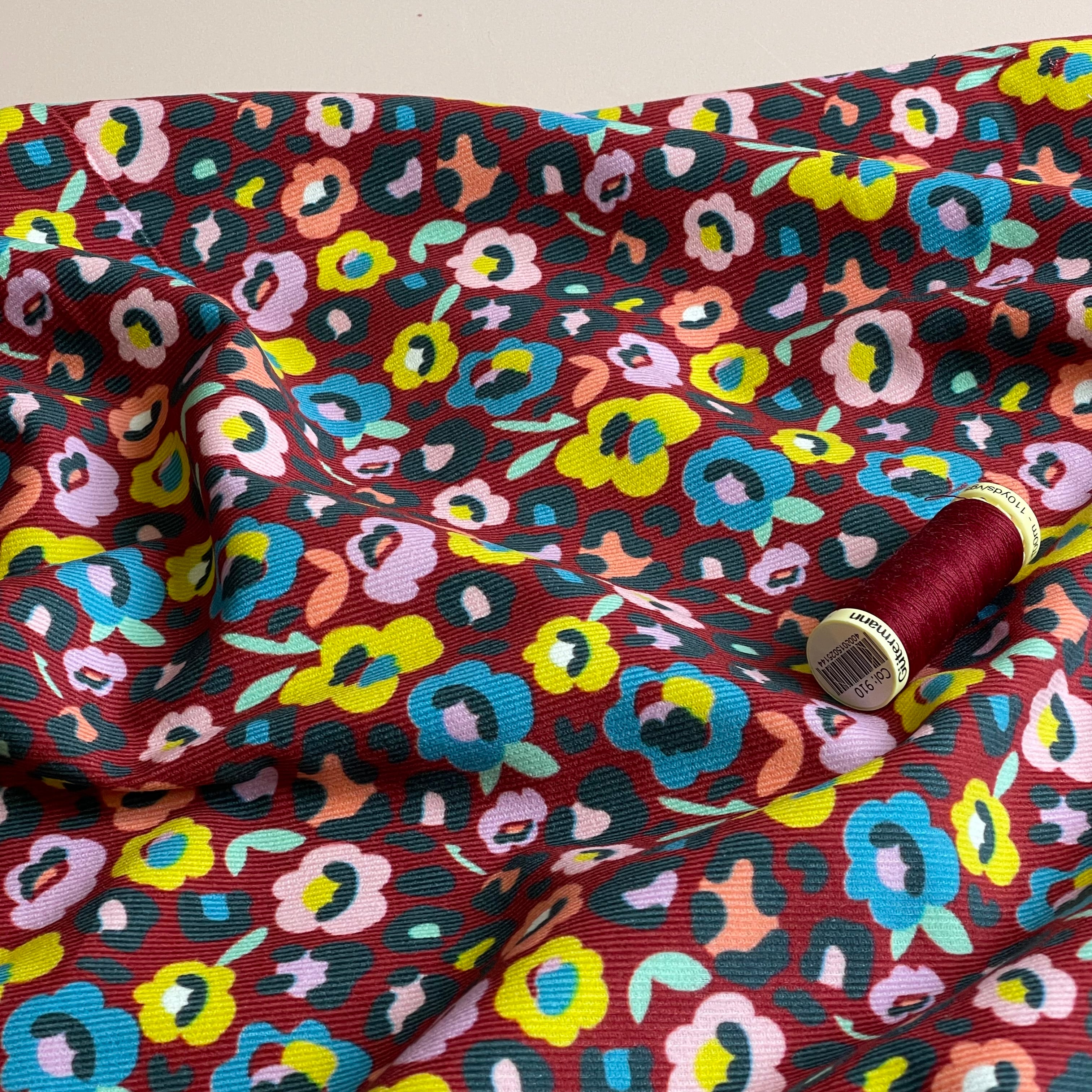 Leopard Flowers Burgundy Cotton Needlecord