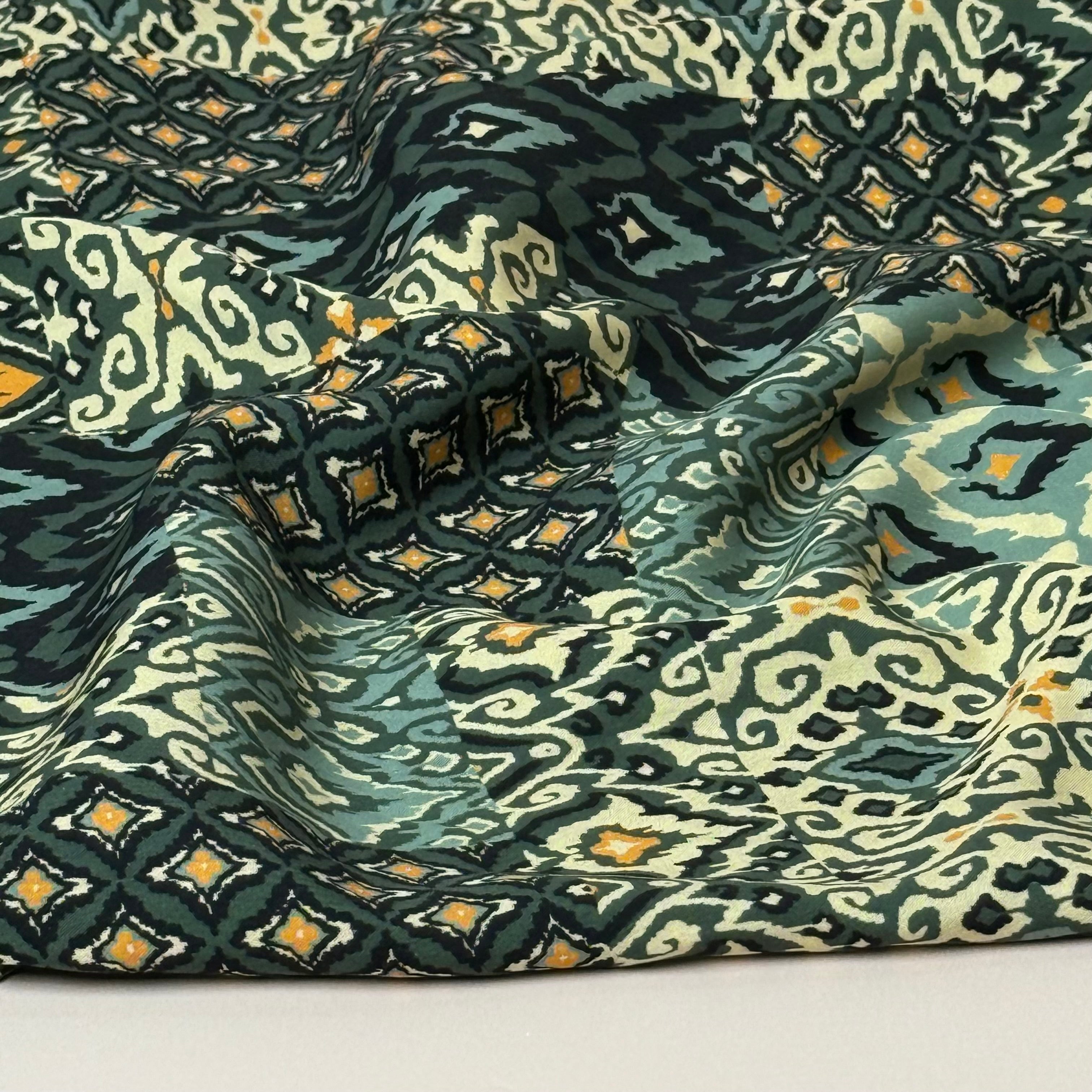 REMNANT 0.57 Metre - Vintage Patchwork Green Viscose Poplin Fabric
