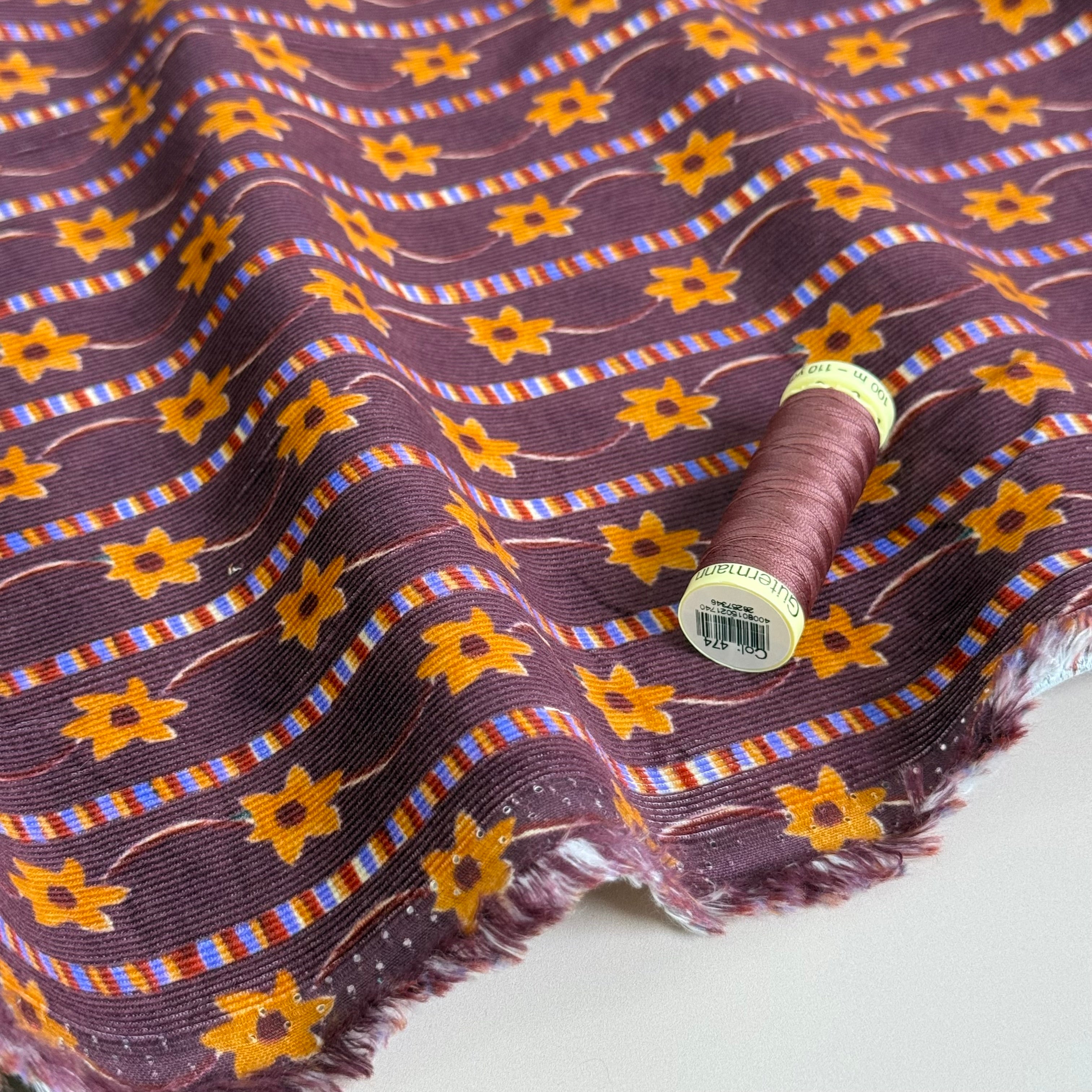 Flower Chain on Burgundy Cotton Needlecord