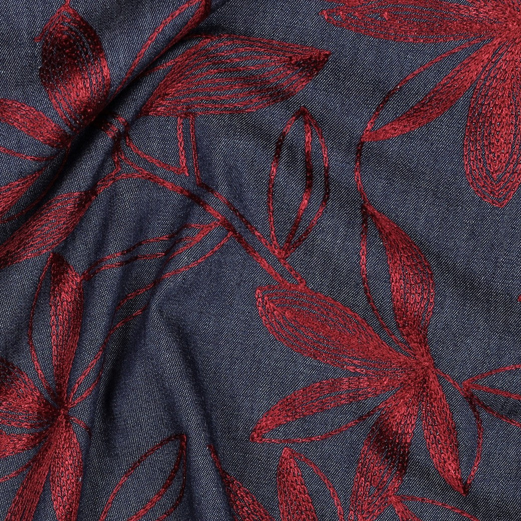 Denim with Burgundy Embroidered Flowers Cotton Fabric