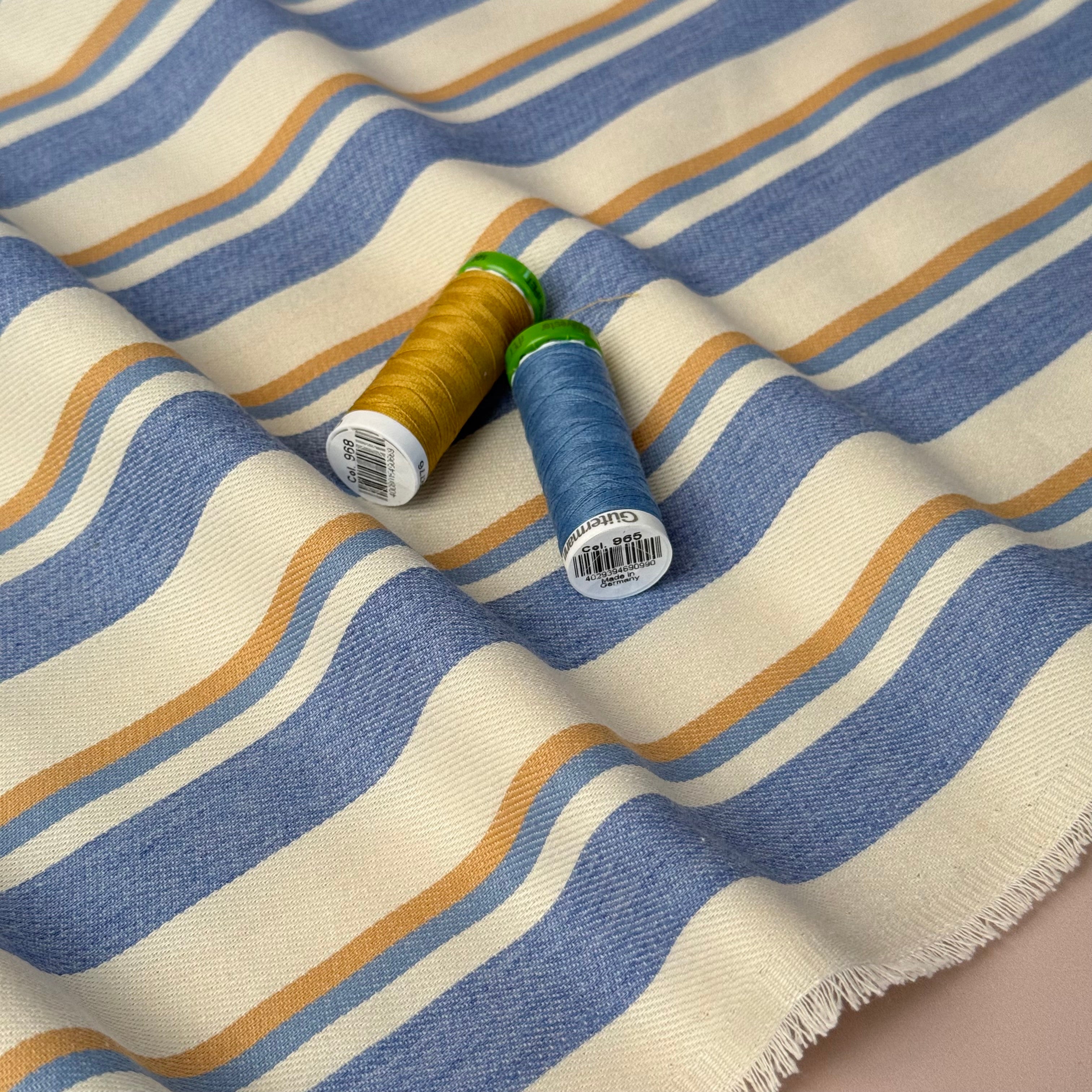 PRE-ORDER (arriving by end of July) - Yarn Dyed Striped Cotton Denim in Camel & Blue