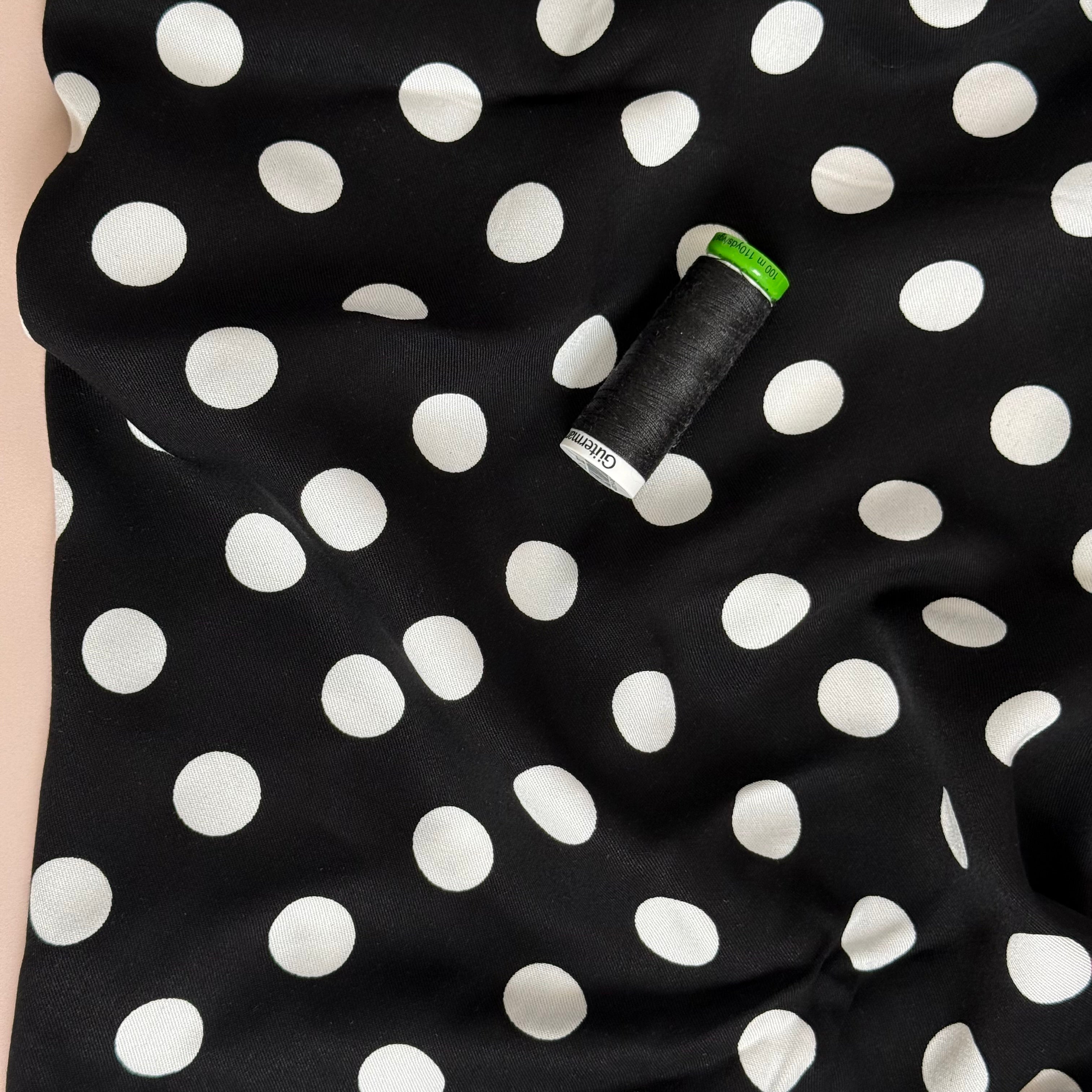 Classic Polka Black Viscose Twill Fabric