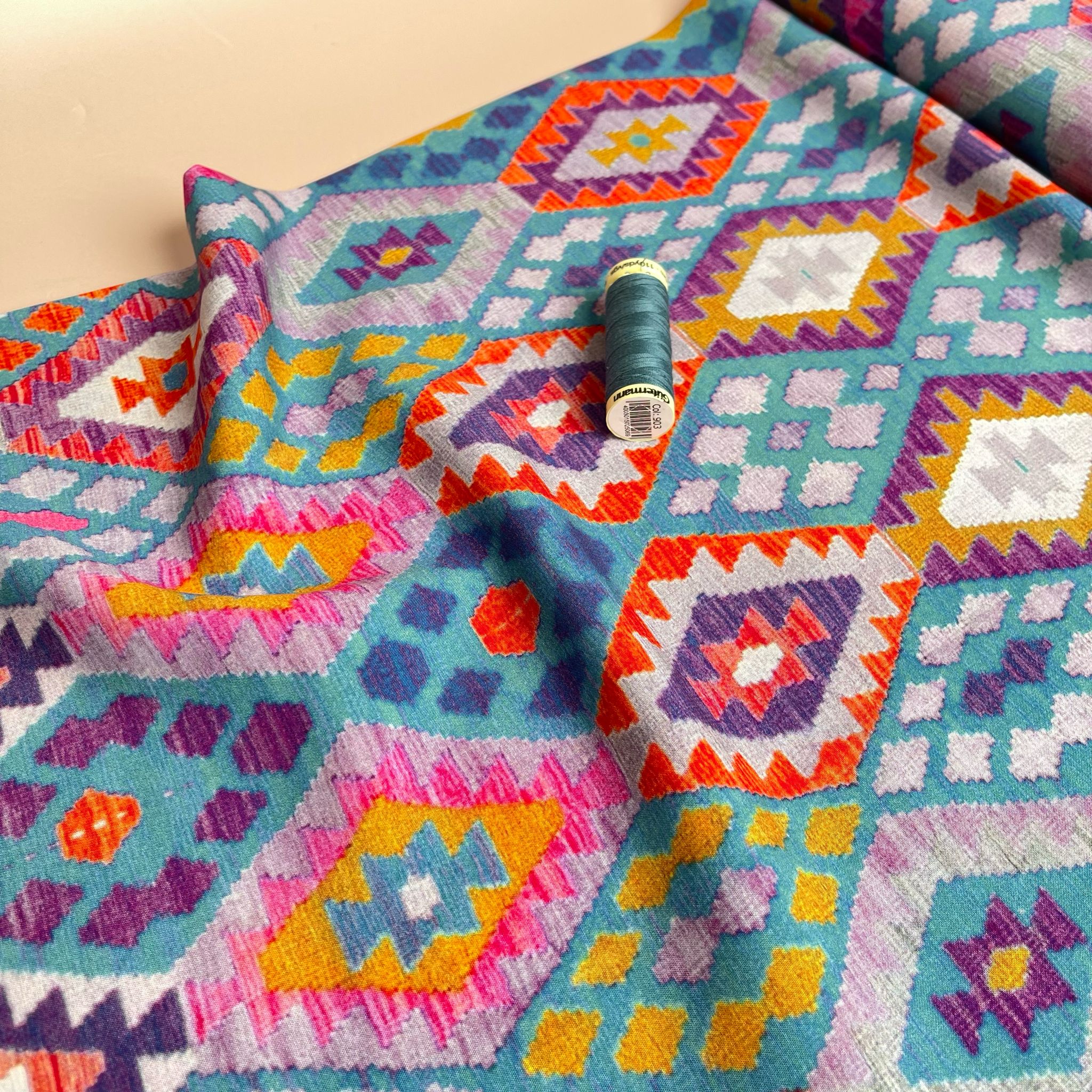 Rainbow Aztec Diamonds Viscose Fabric