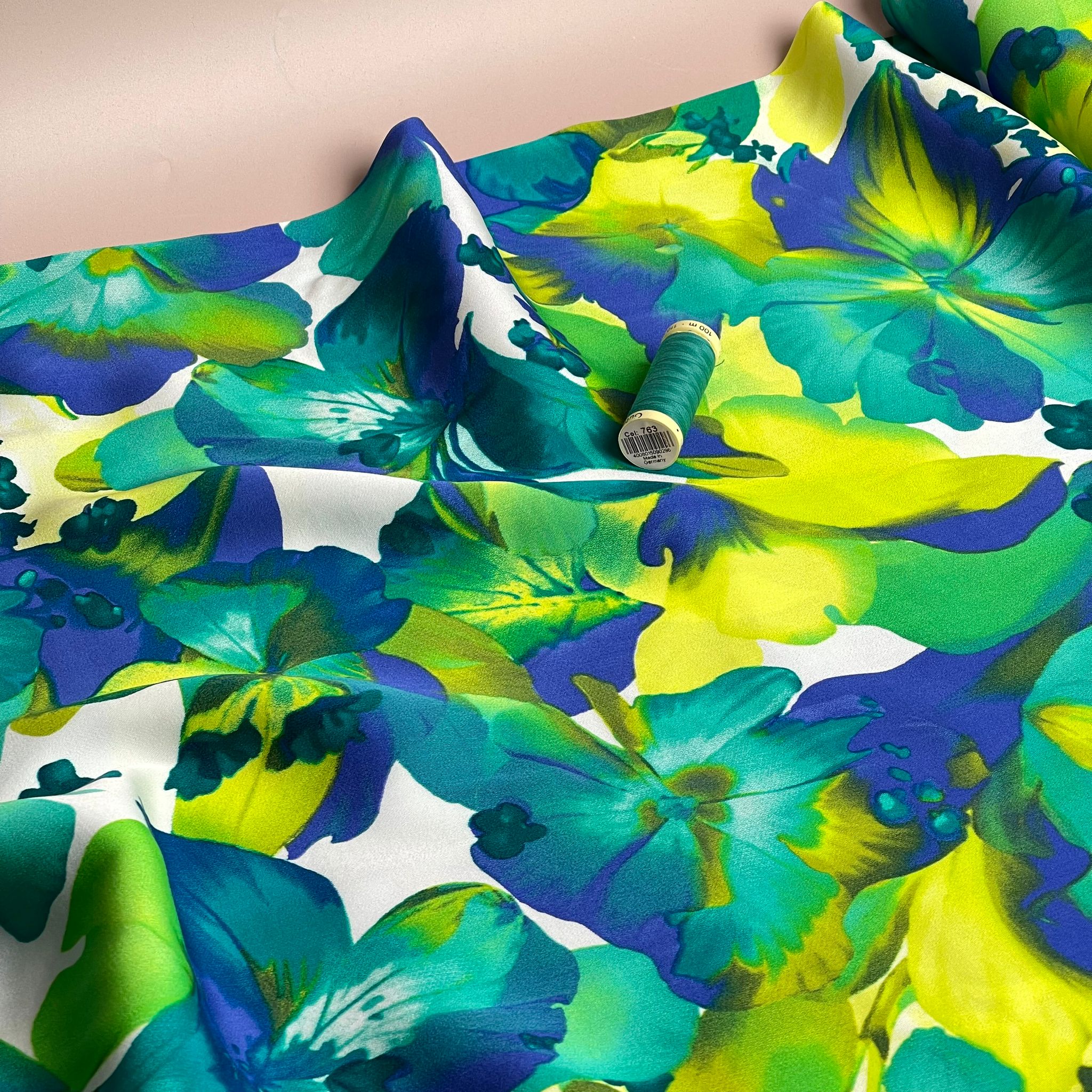 Vibrant Blooms in Cobalt and Lime Viscose Sateen Fabric