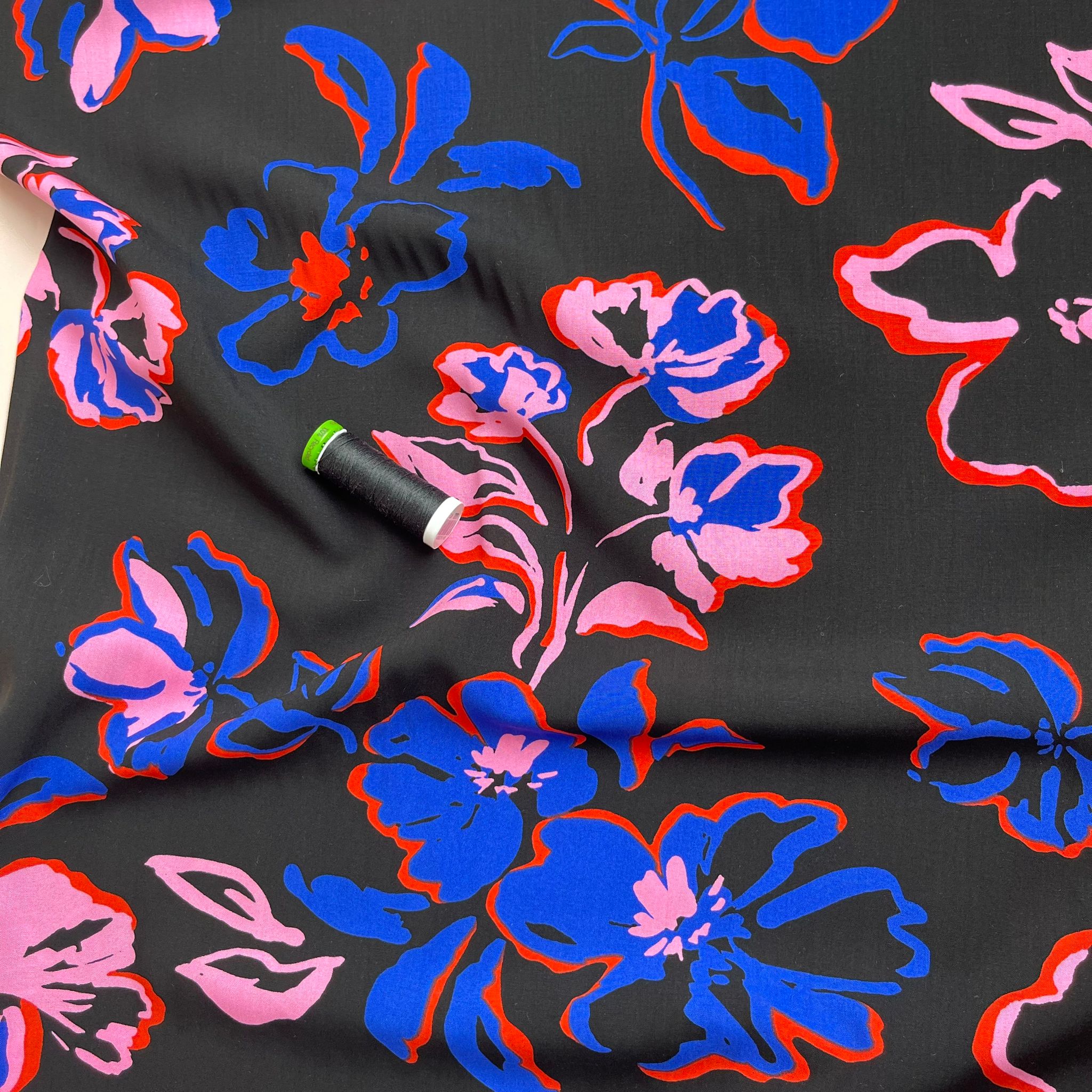 Painted Blooms on Black LENZING™ ECOVERO™ Viscose Fabric