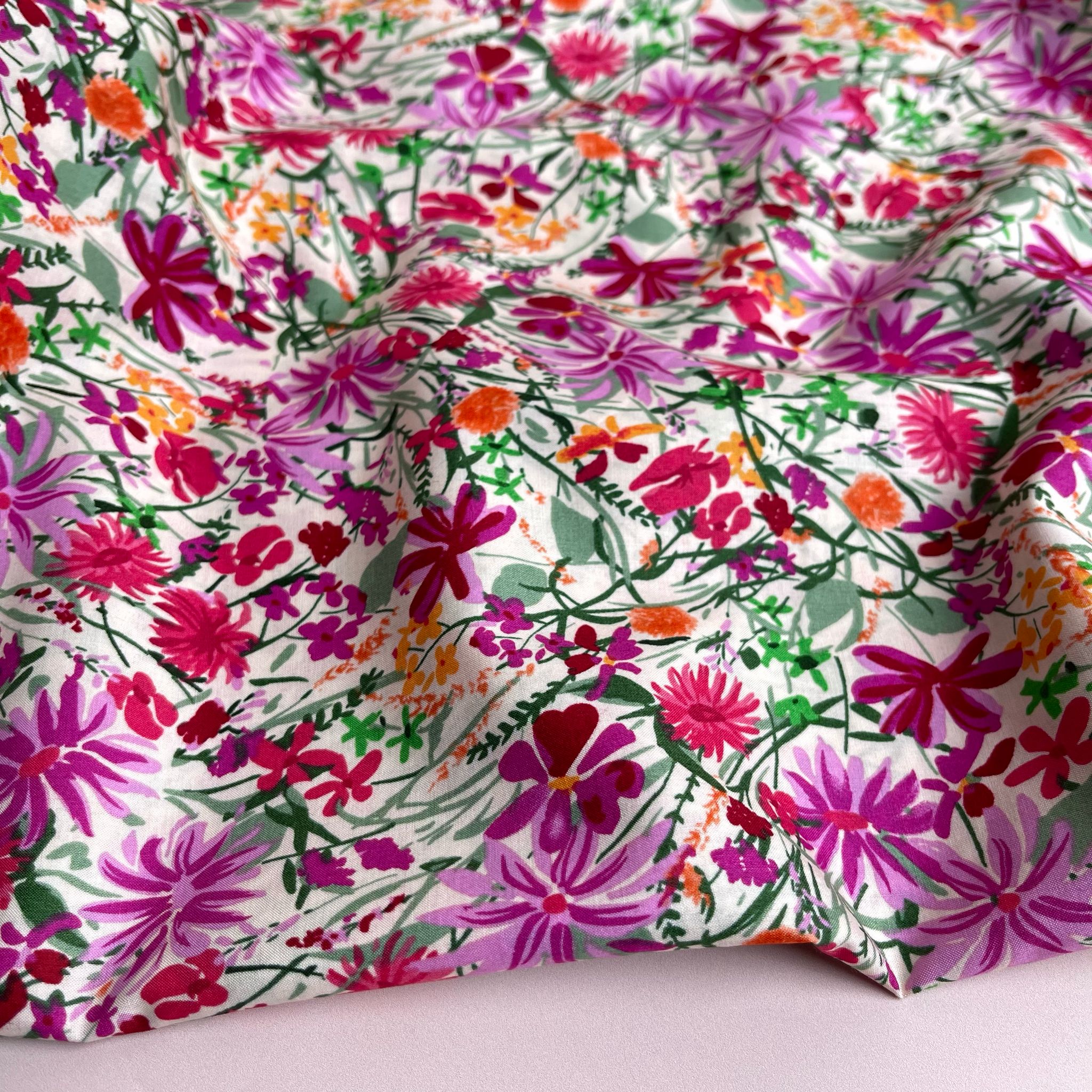 Magenta Meadow on White Cotton Lawn Fabric