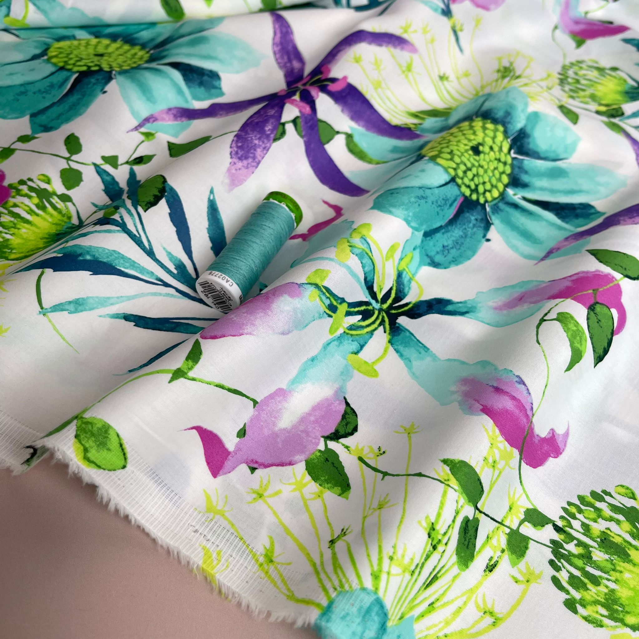 REMNANT 0.49 Metres - Ex-Designer Pastel Spring Wildflowers Cotton Sateen Fabric