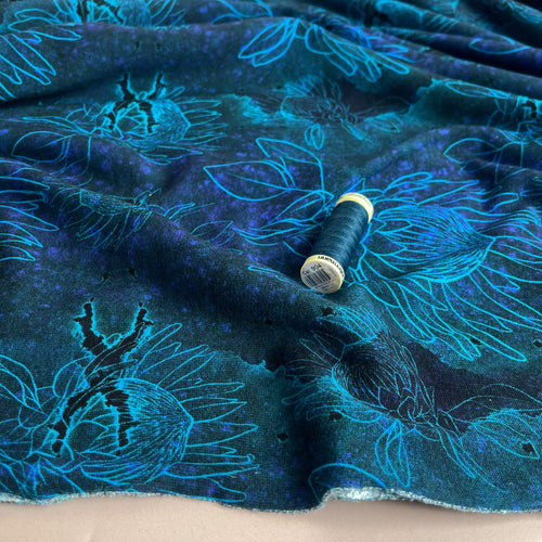 Turquoise Blooms Cotton French Terry