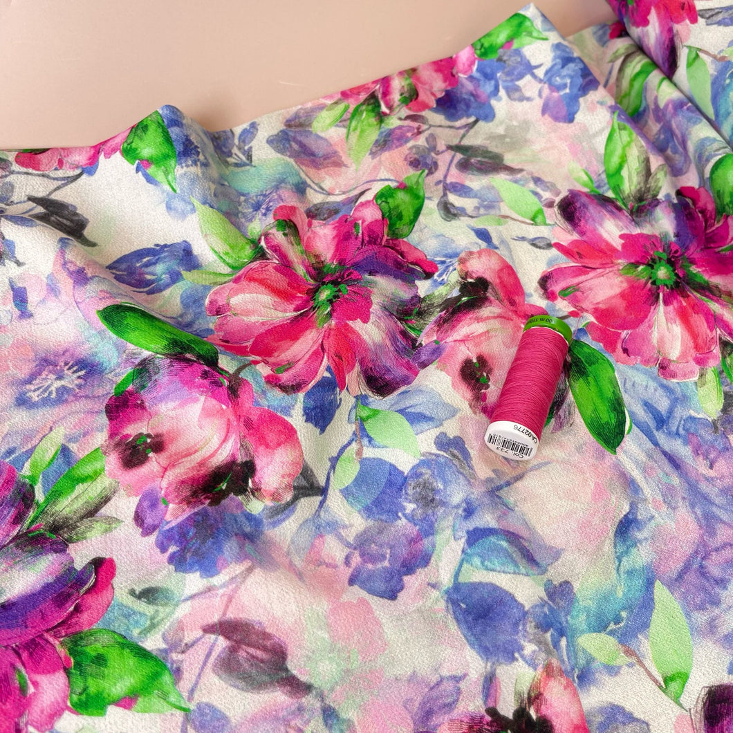 Watercolour Neon Blooms Magenta and Green Textured Viscose Fabric