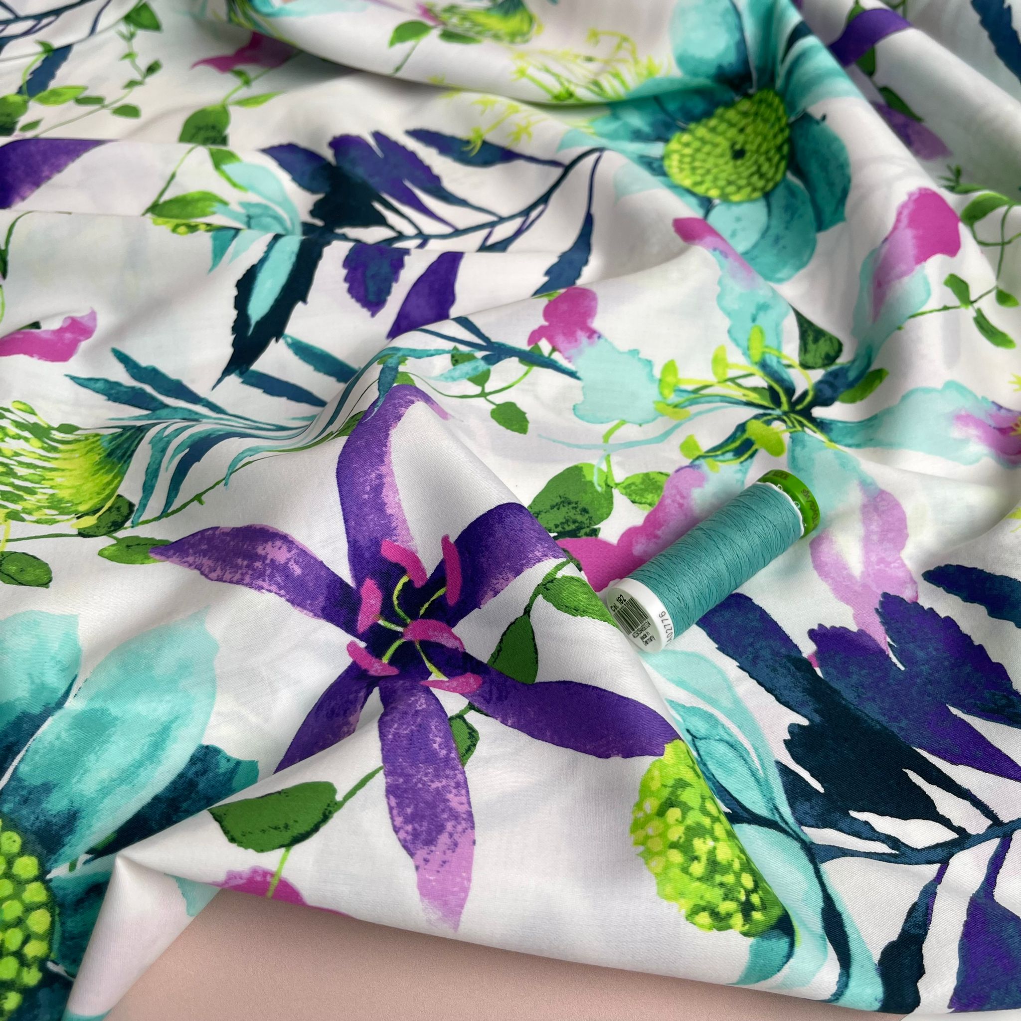 REMNANT 0.49 Metres - Ex-Designer Pastel Spring Wildflowers Cotton Sateen Fabric