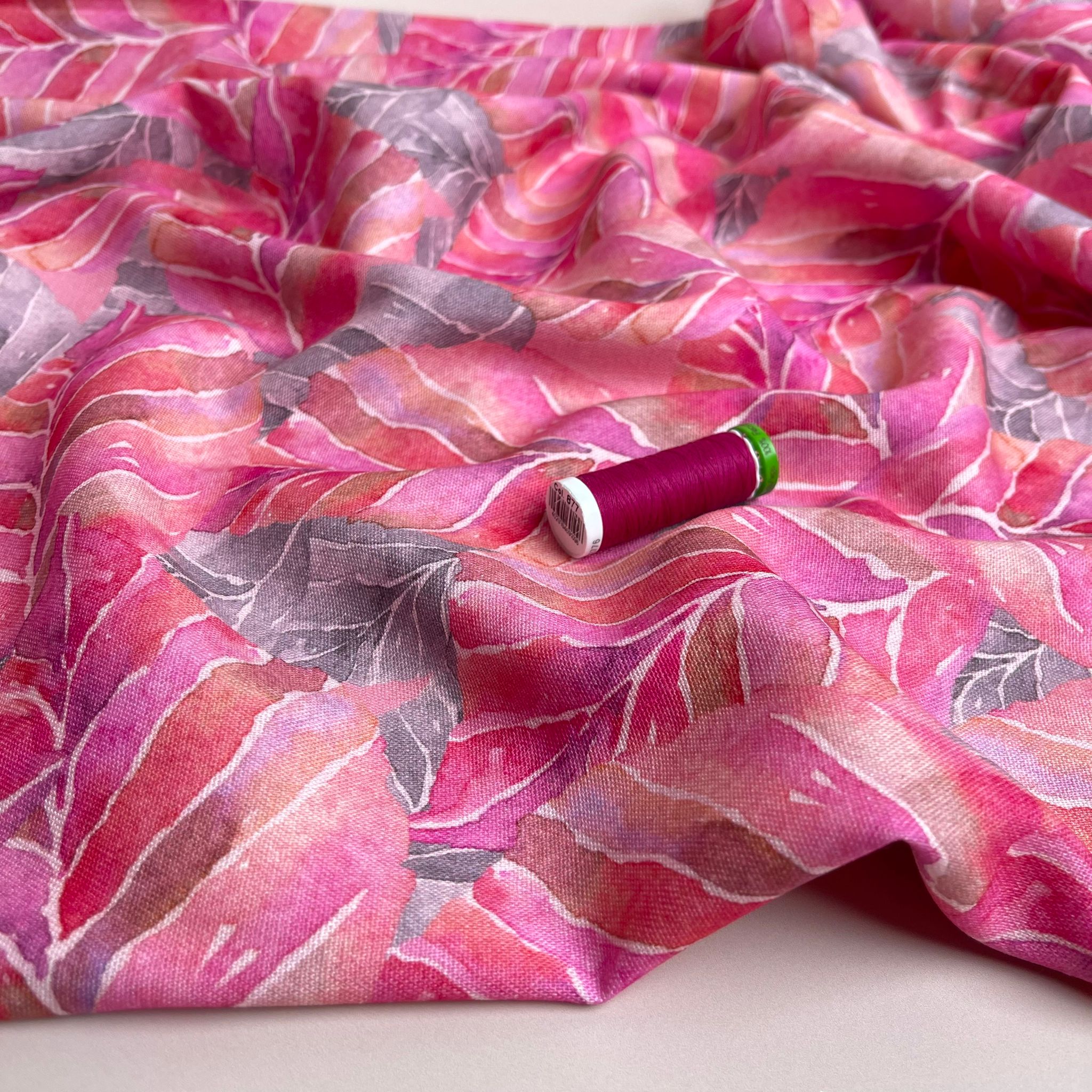 Fuchsia Leaves Viscose Linen Fabric