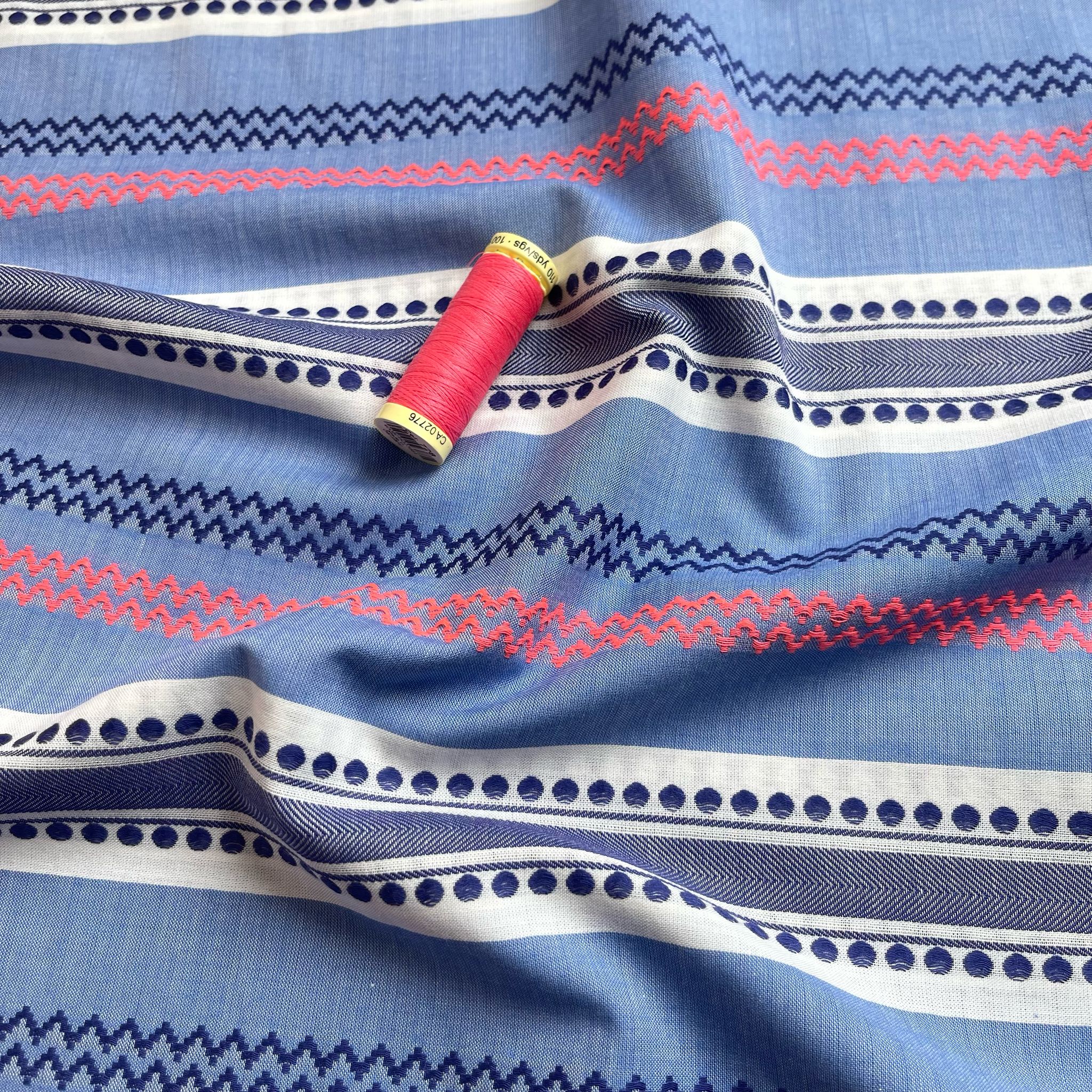 Yarn Dyed Embroidered Stripes on Blue Cotton Fabric