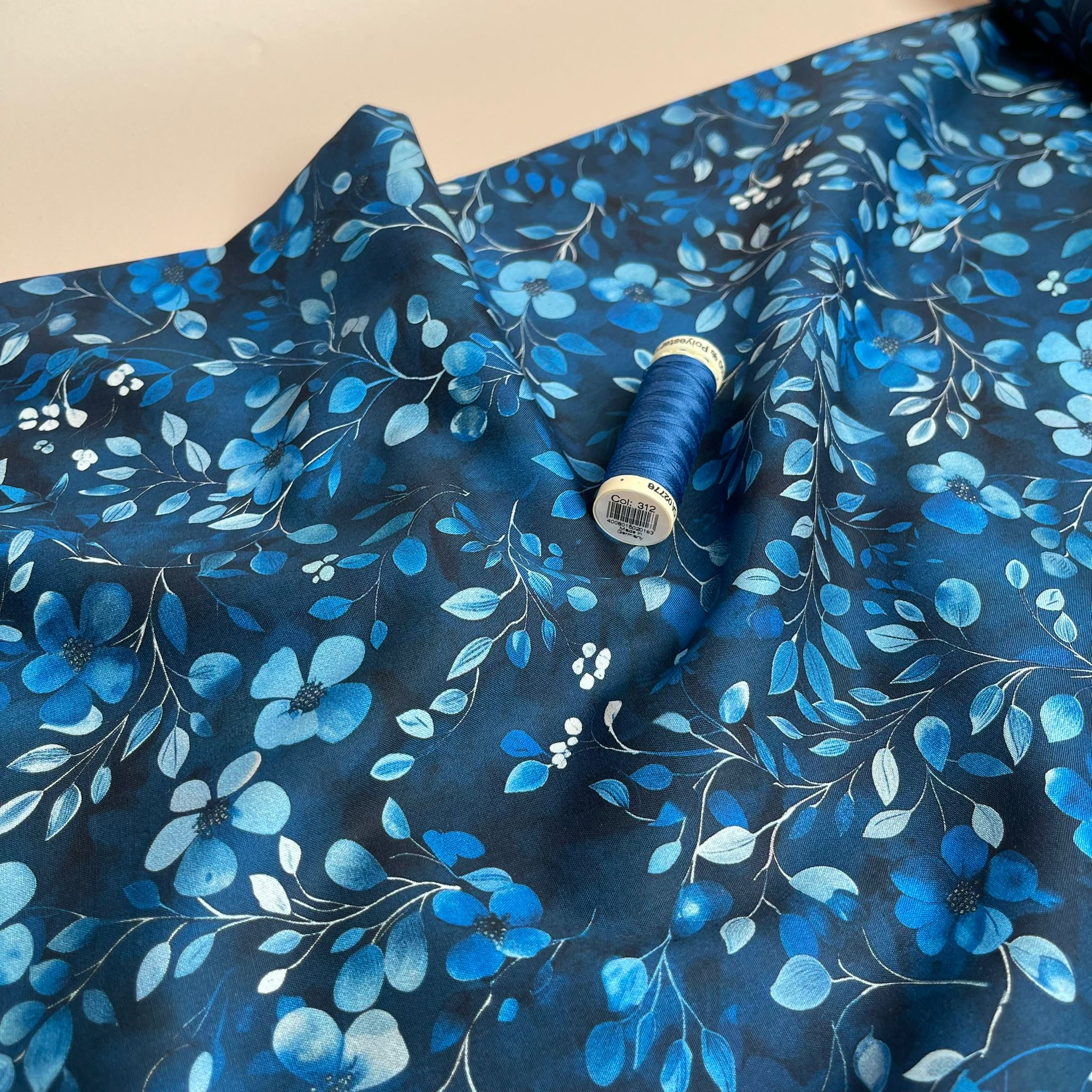 Delicate Cobalt Blooms Cotton Poplin Fabric