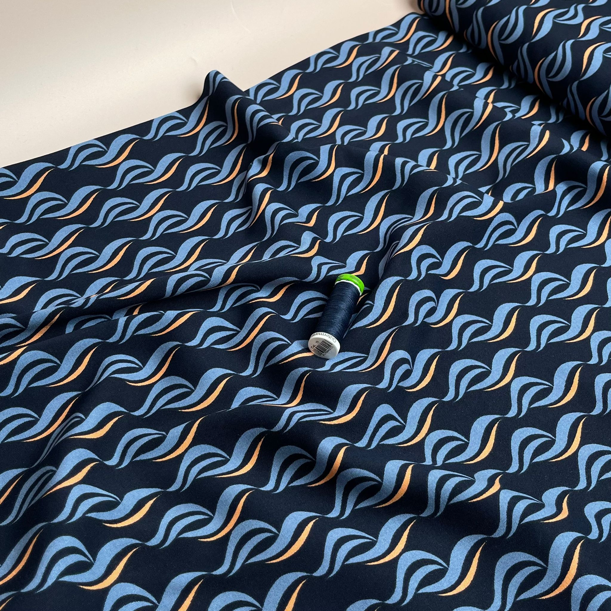 Rosella Waves on Navy Viscose Twill with Stretch