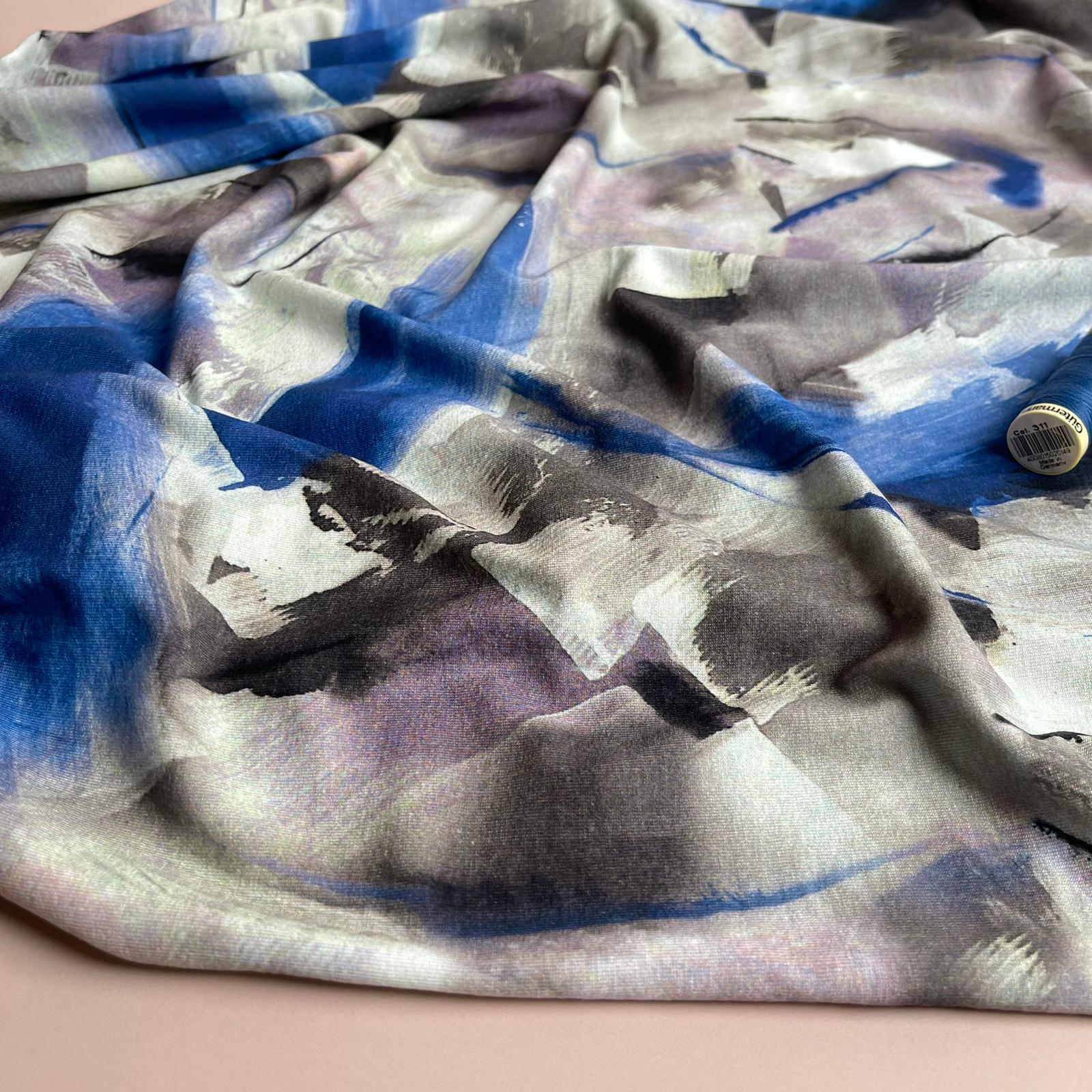 Abstract Painting in Cobalt and Grey Viscose Jersey Fabric