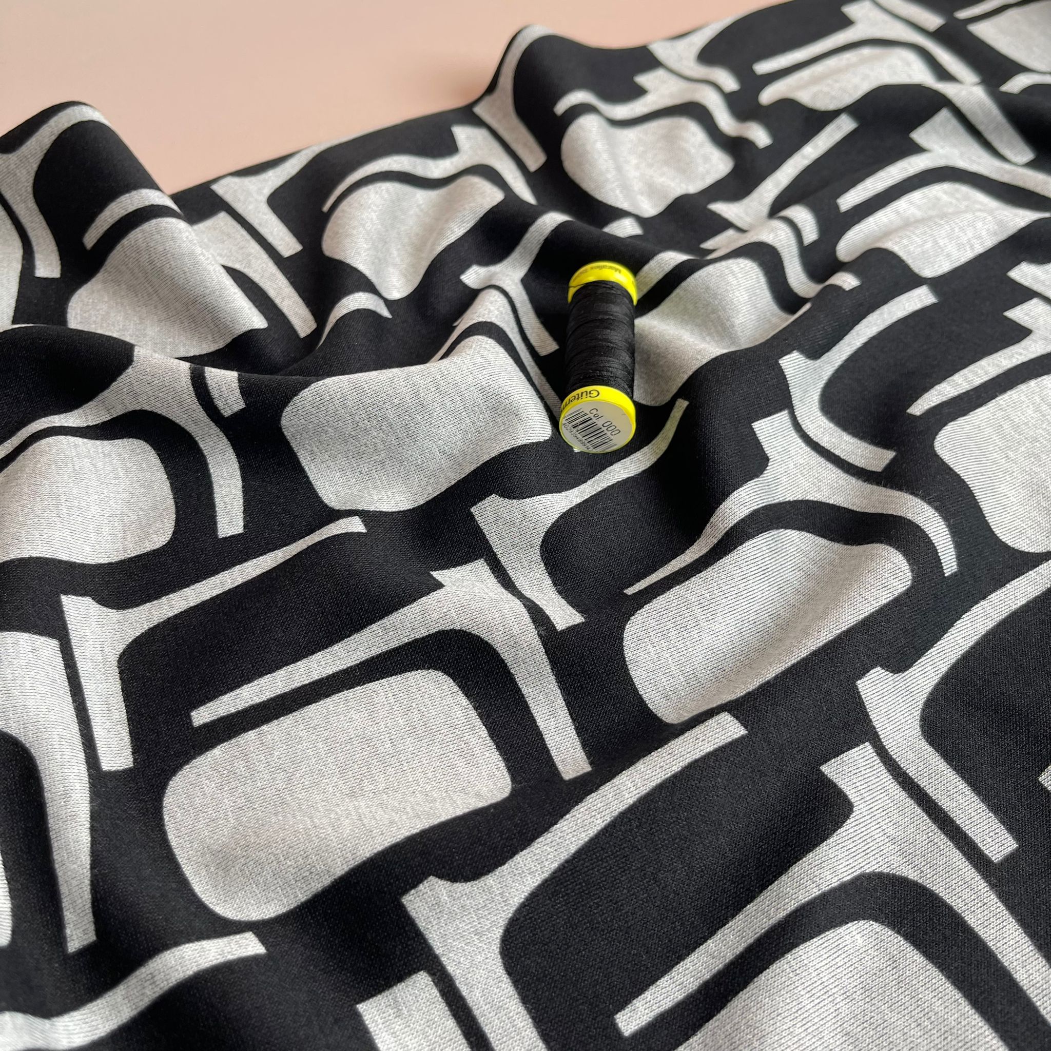 Abstract Shapes in Grey Soft Ponte Interlock Jersey Fabric