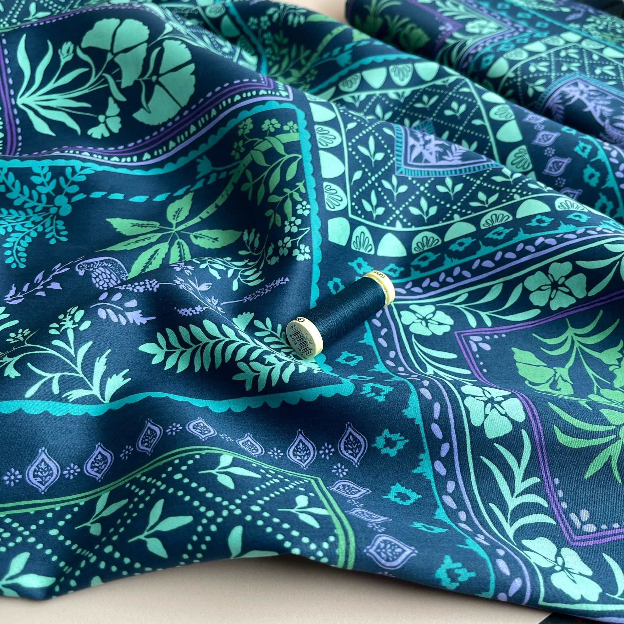 Patchwork Foliage Teal Cotton Sateen Fabric