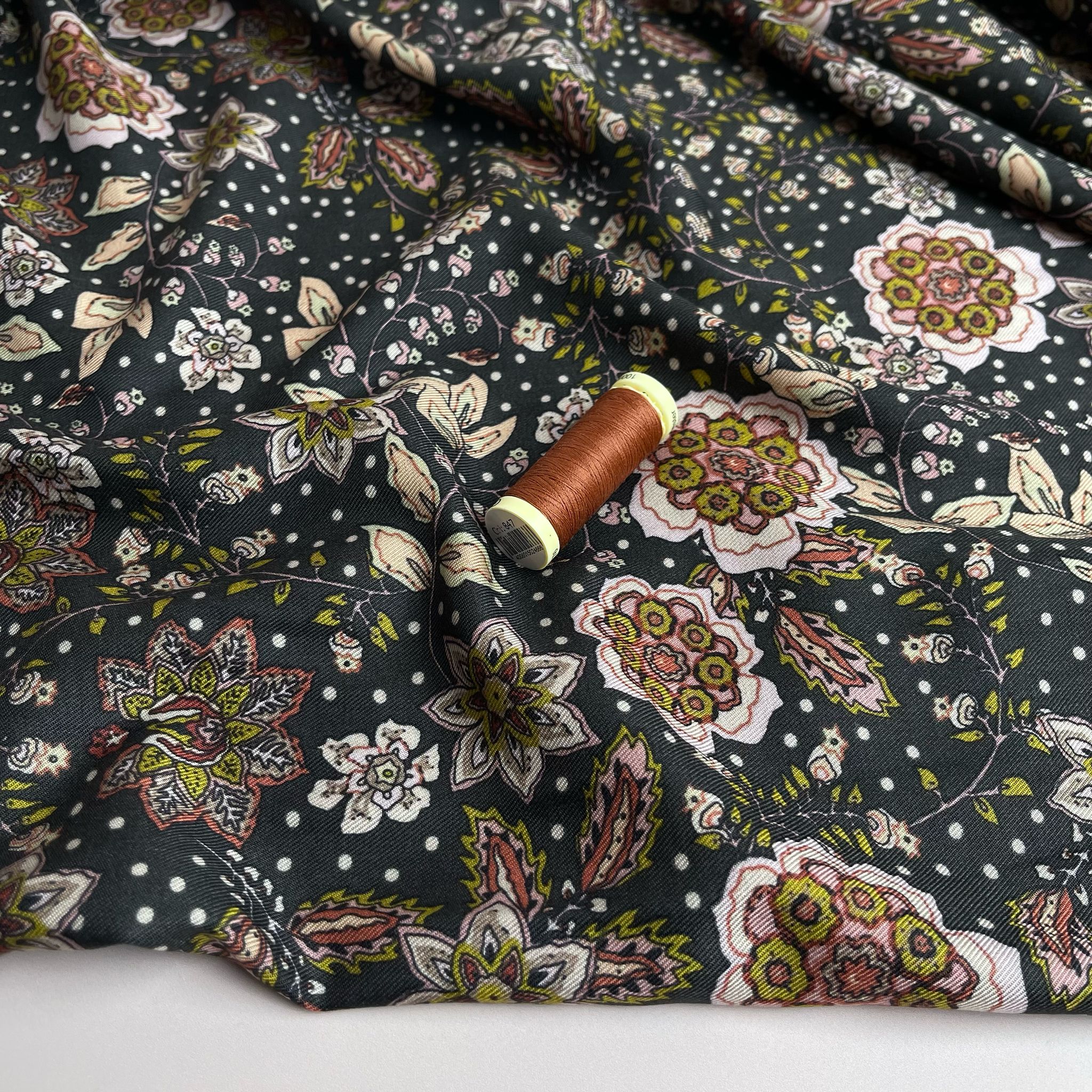 Autumn Paisley Flowers on Black Viscose Twill Fabric