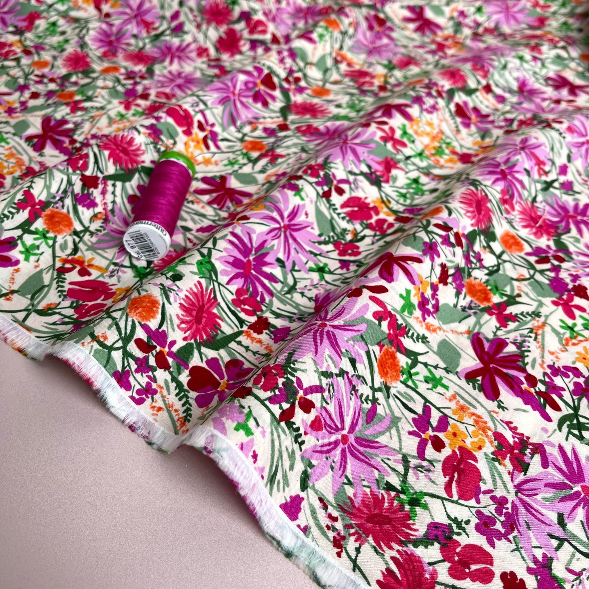 Magenta Meadow on White Cotton Lawn Fabric