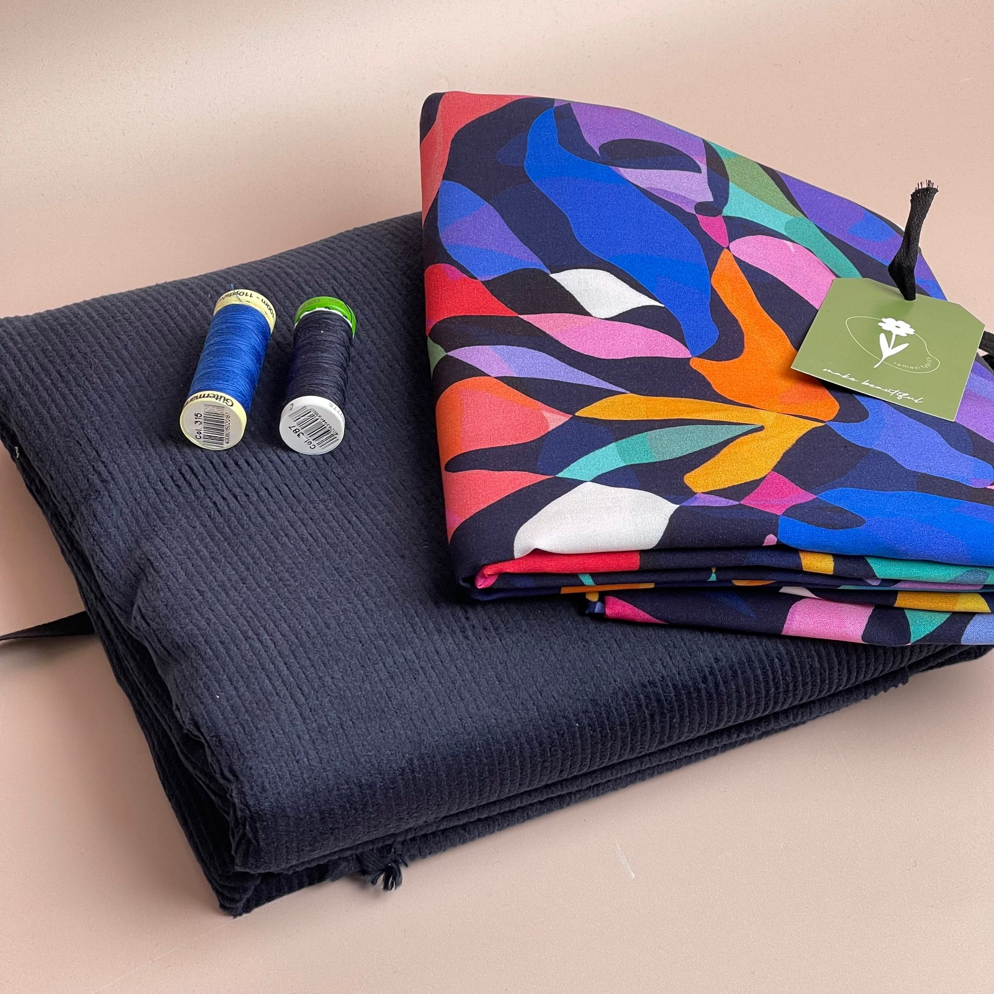 Make an Outfit Colour Bundle - Rainbow Leaves Viscose and Washed Corduroy in Navy