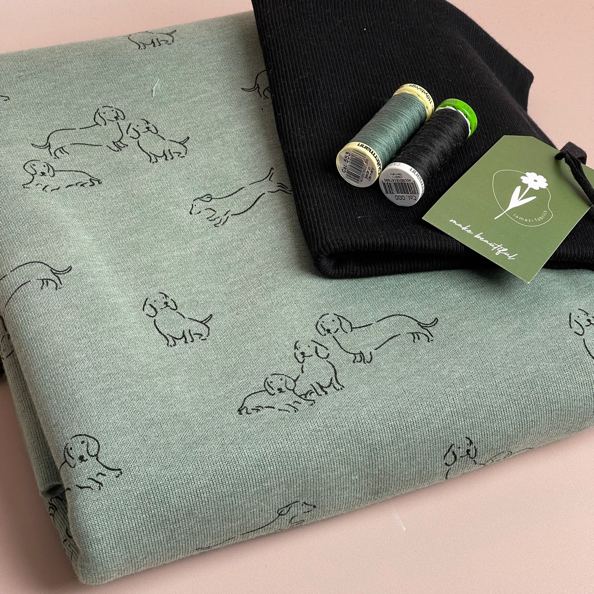 Colour Bundles - Sausage Dogs on Mint Melange Fleecy Sweatshirting and Ribbing