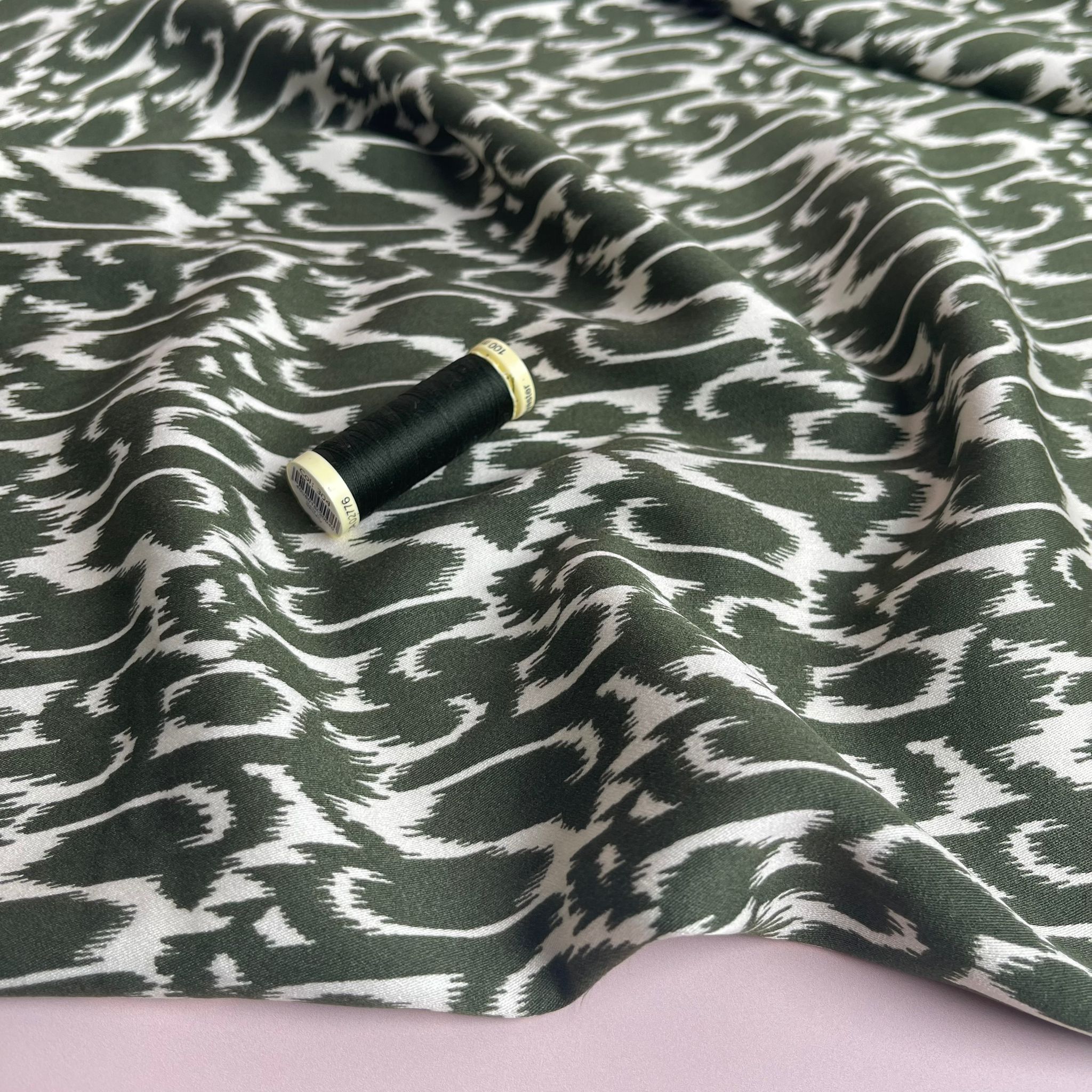 Abstract Khaki Viscose Twill Sateen Fabric