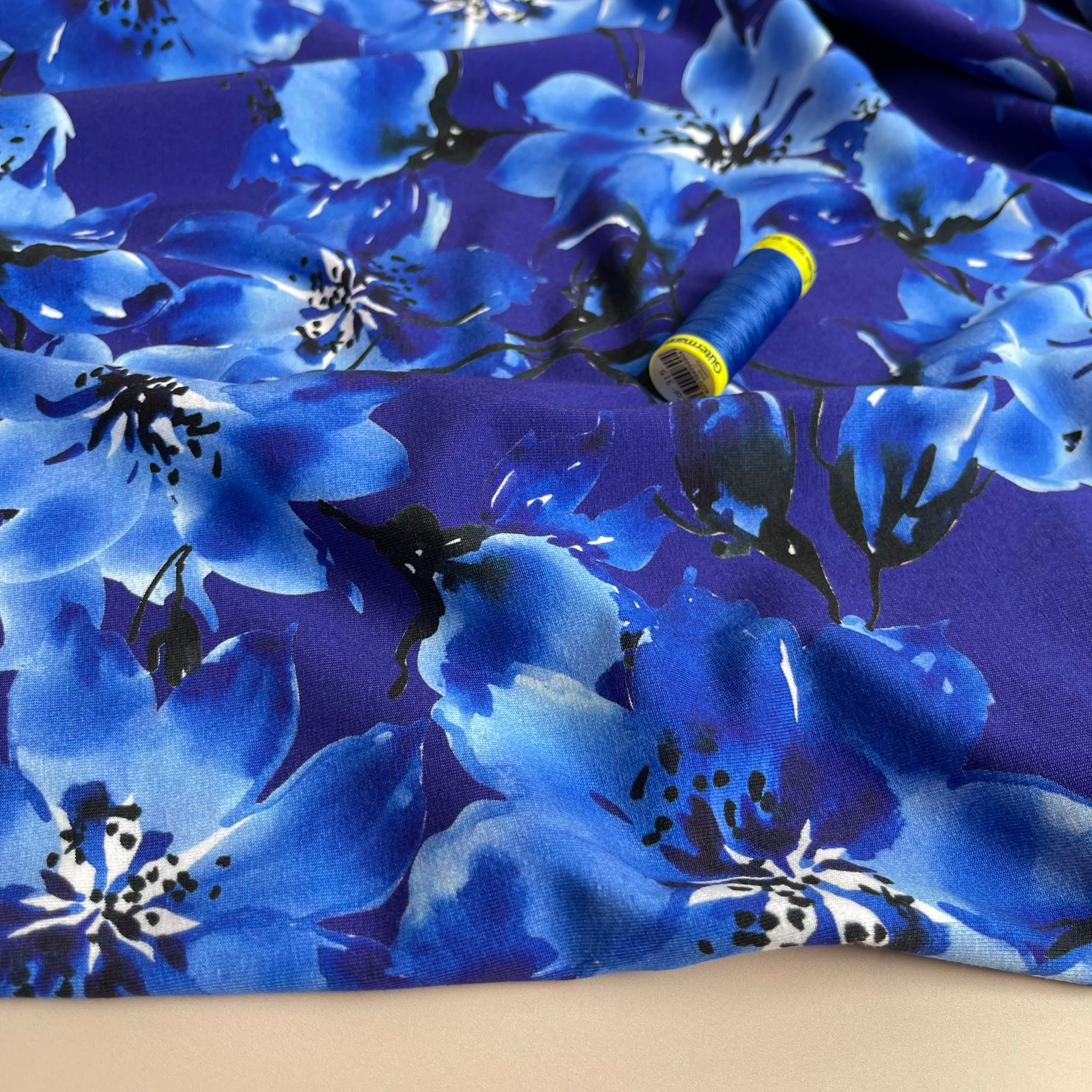 REMNANT 1.64 Metres - Danish Design - Watercolour Cobalt Blooms Cotton Jersey Fabric