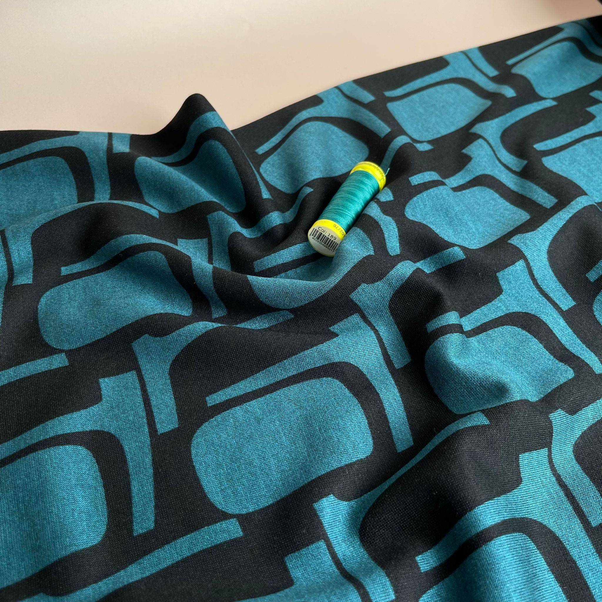 Abstract Shapes in Petrol Soft Ponte Interlock Jersey Fabric