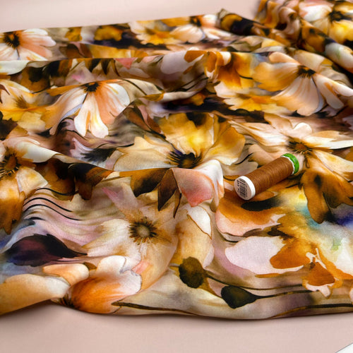 Sunrise Flowers in Brown Viscose Poplin Fabric