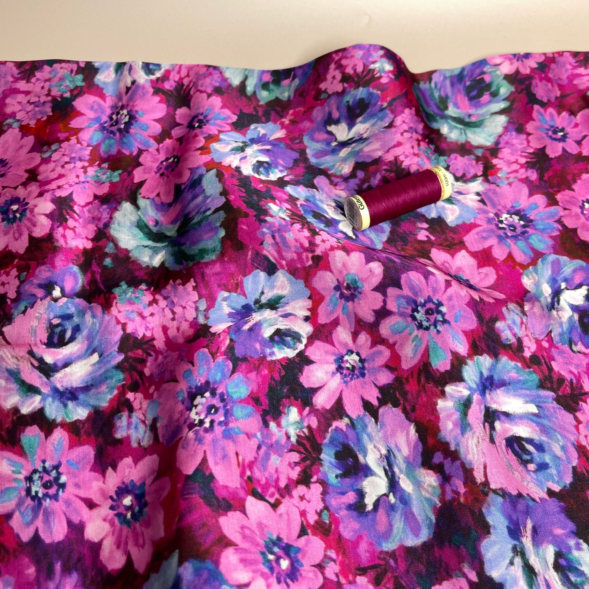 REMNANT 1.16 Metres - Magenta Meadow Viscose Sateen Fabric