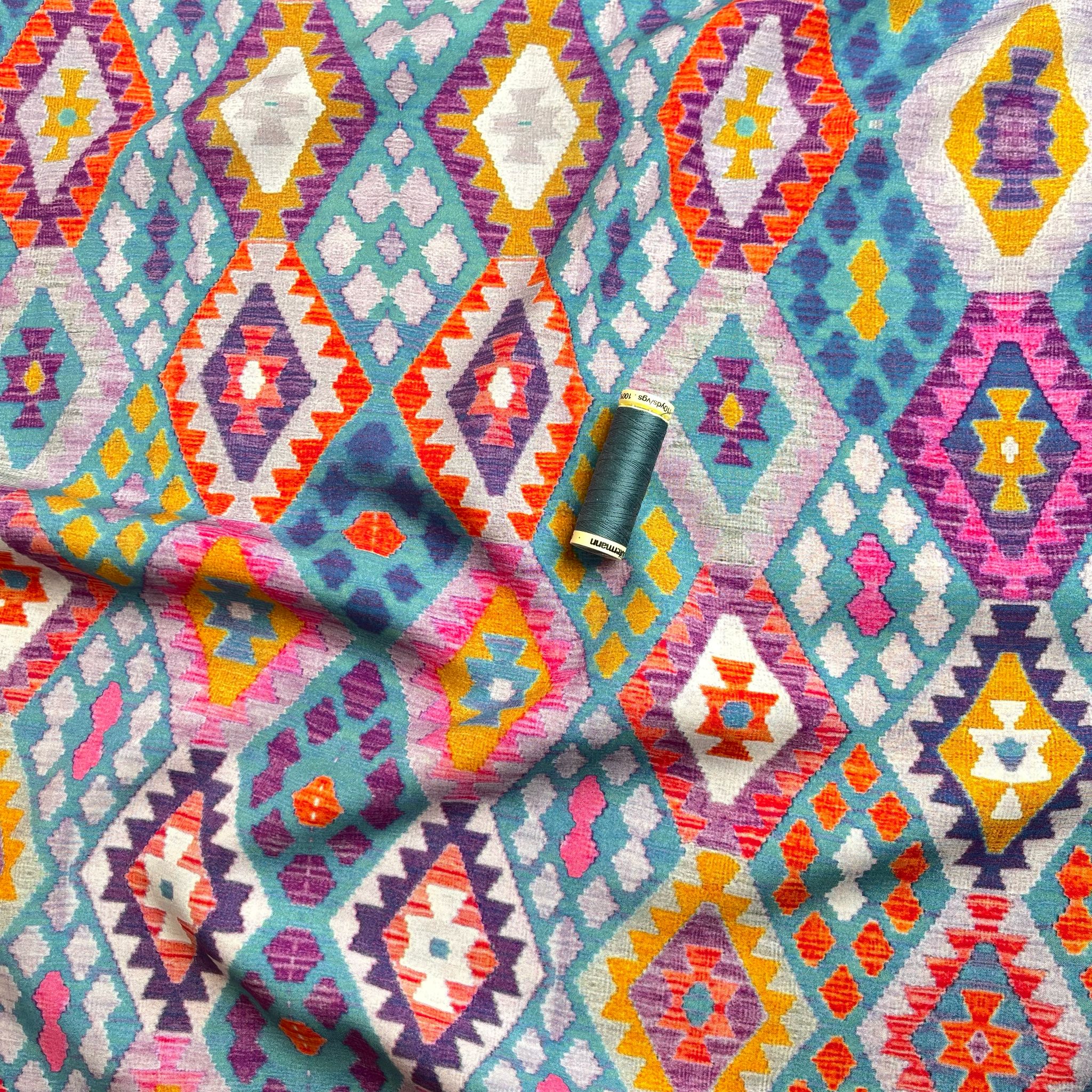 REMNANT 1.6 Metres - Rainbow Aztec Diamonds Viscose Fabric