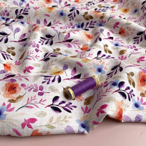 Spring Flowers on White Linen Cotton Blend Fabric