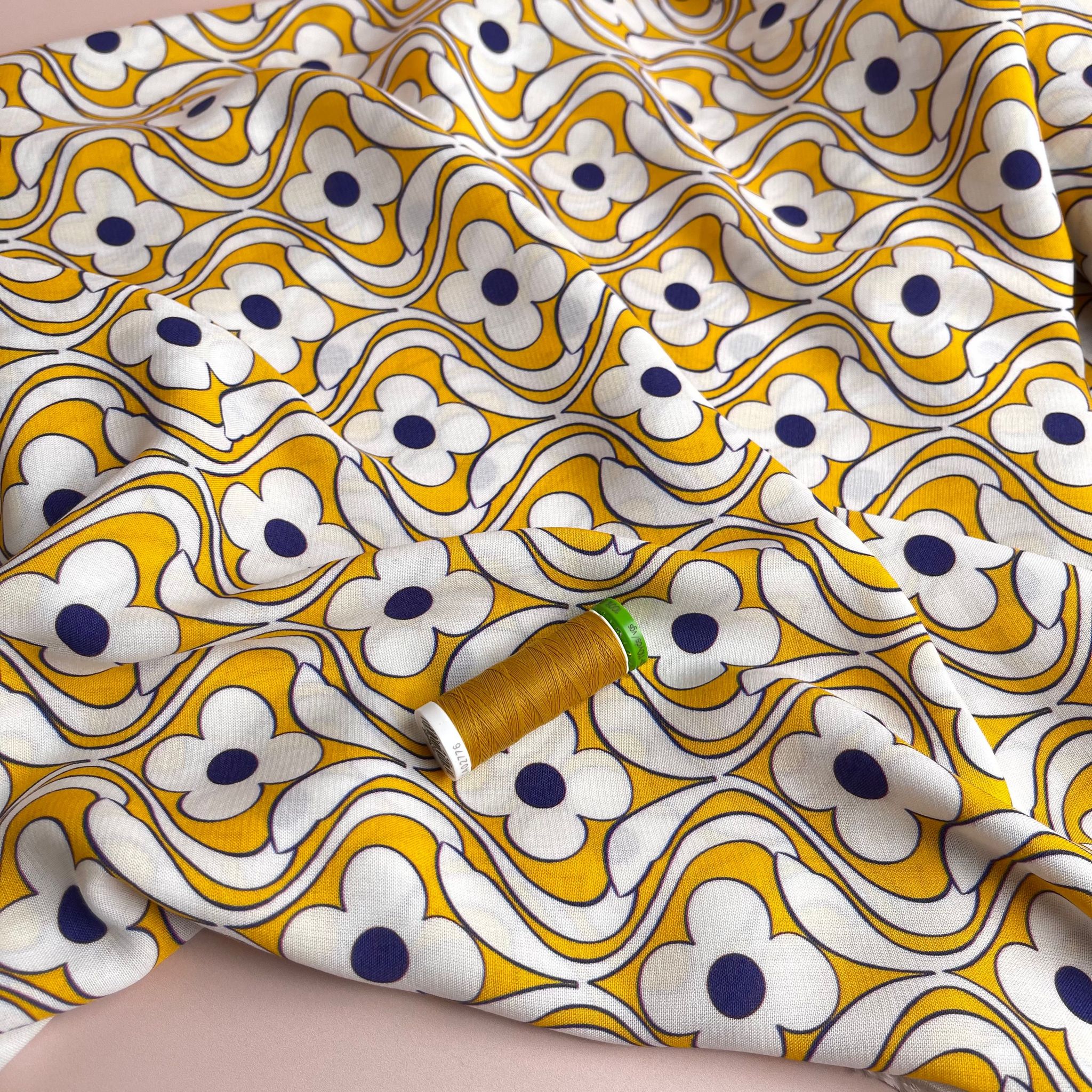 Groovy Flowers on Yellow Viscose Fabric