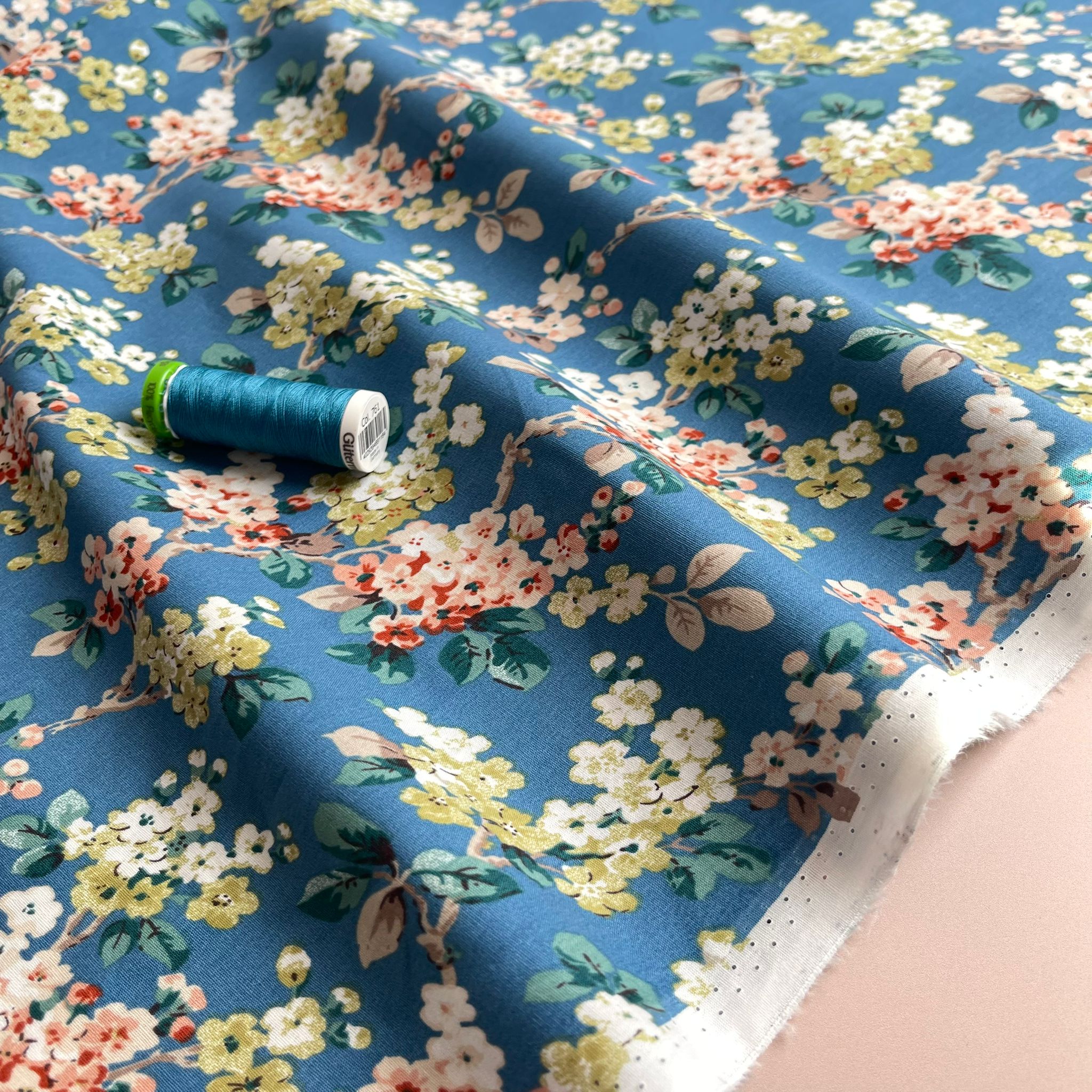 Spring Blossoms on Blue Cotton Poplin