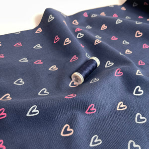 Shimmer Hearts on Navy Cotton Needlecord