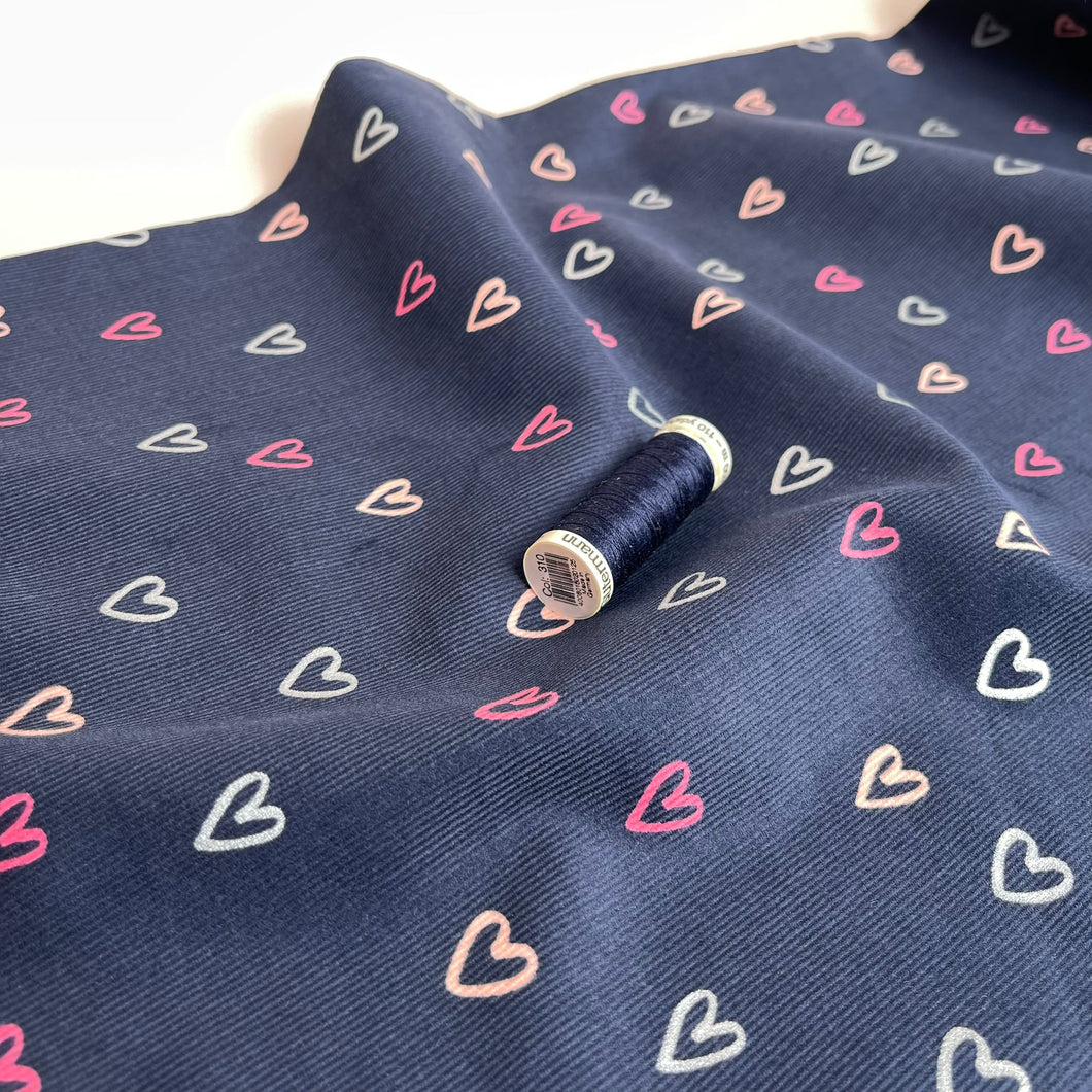 Shimmer Hearts on Navy Cotton Needlecord