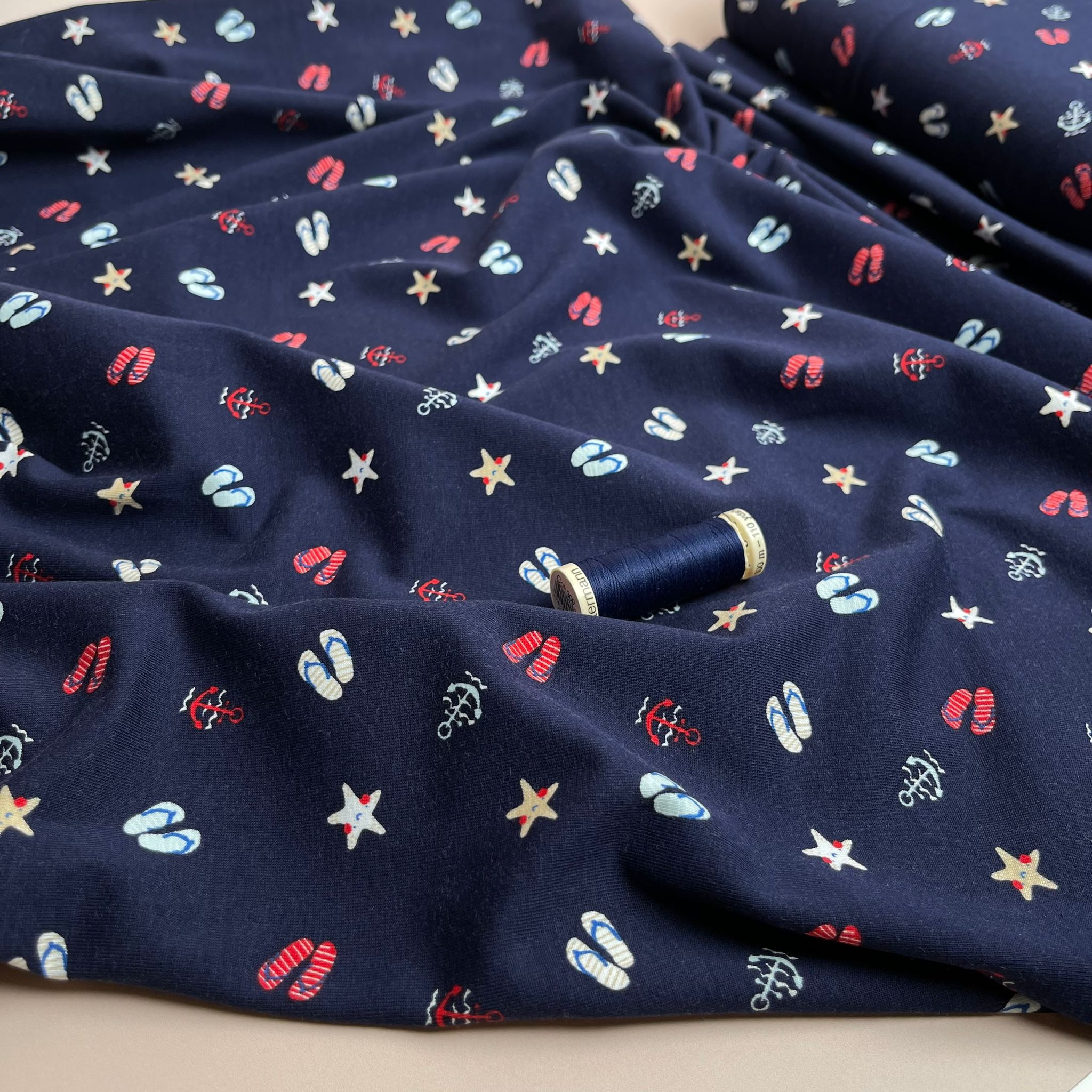 At The Beach Navy Cotton Jersey Fabric