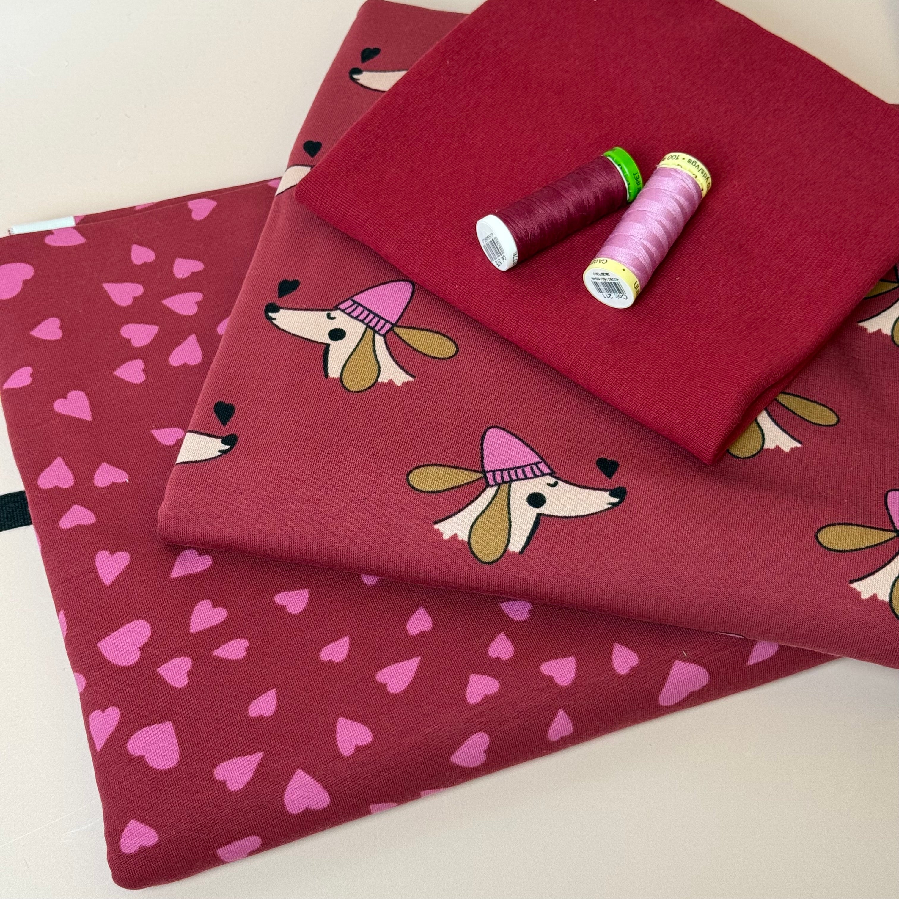 Make an Outfit Colour Bundle - Dogs and Heart Berry Cotton Sweat-shirting with Ribbing