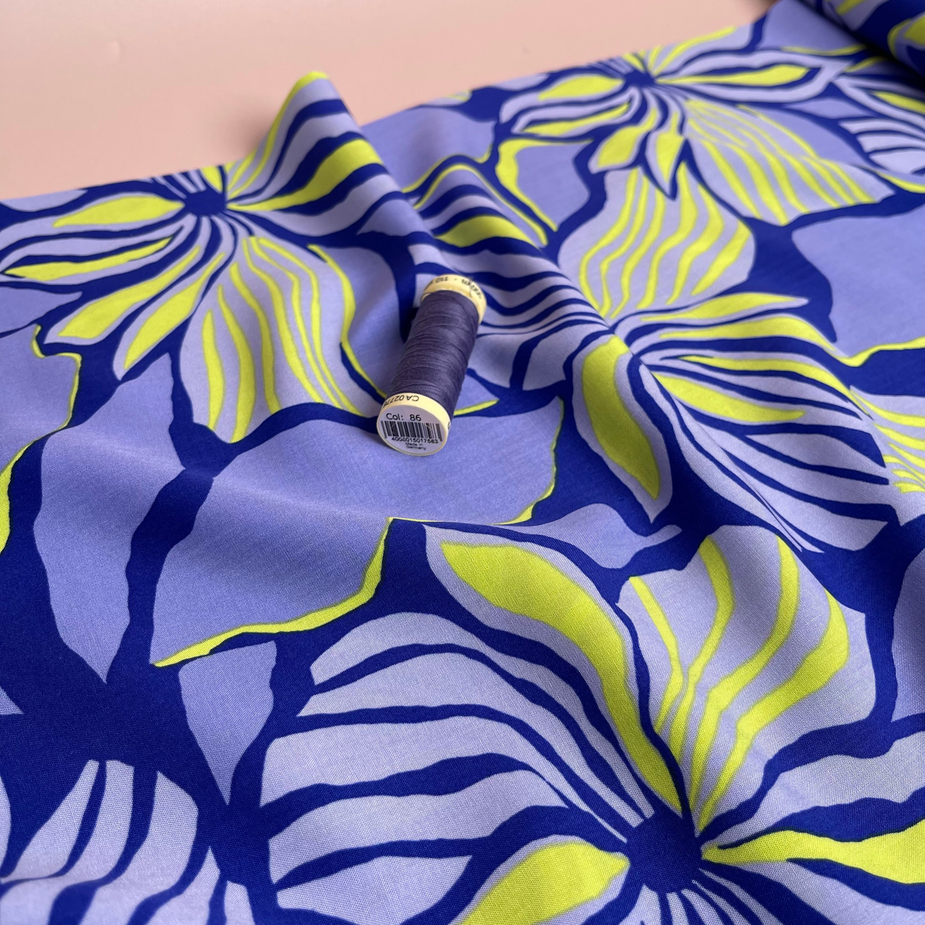 Bold Painted Flowers on Blue LENZING™ ECOVERO™ Viscose Fabric