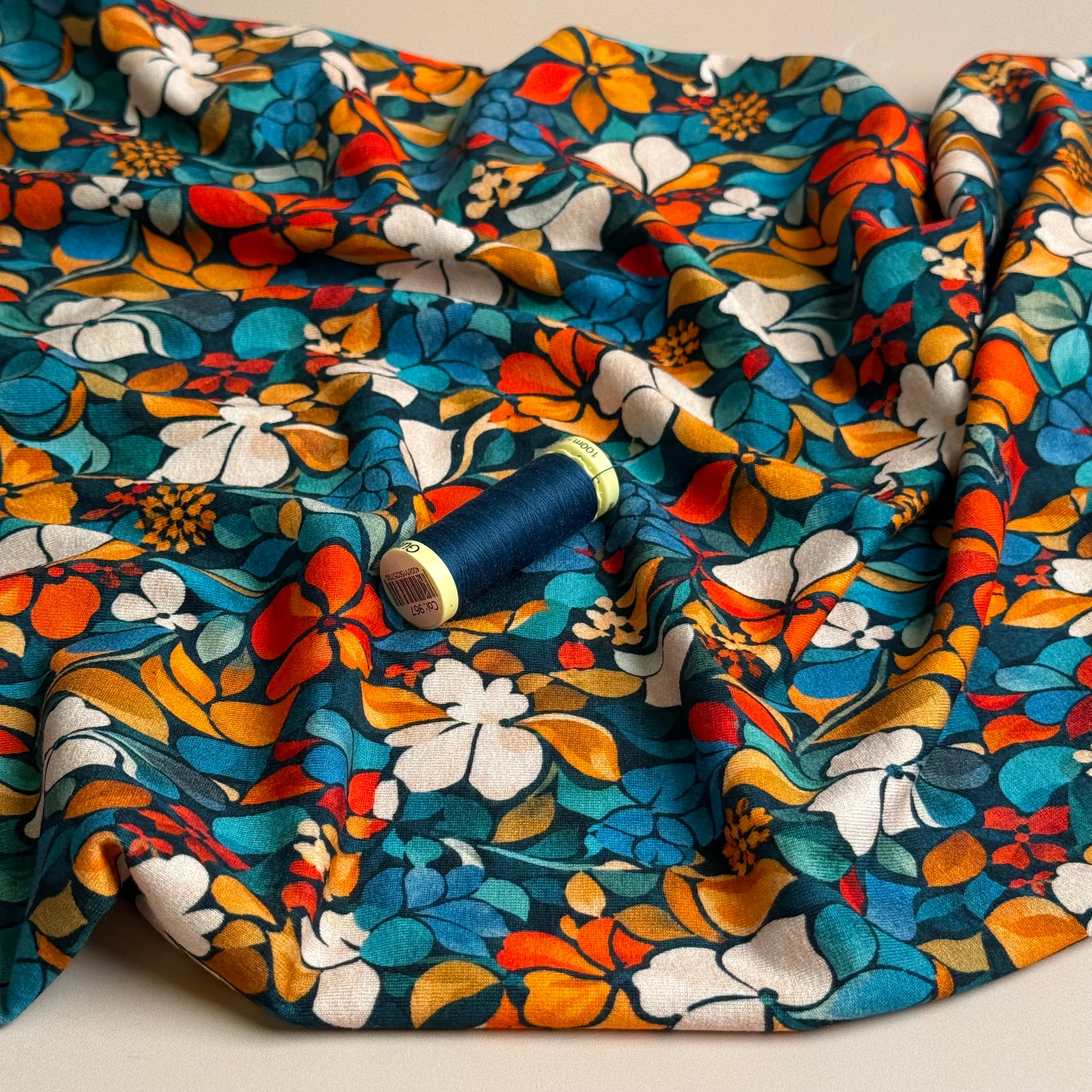 Autumn Flower Petals Petrol Viscose Jersey Fabric
