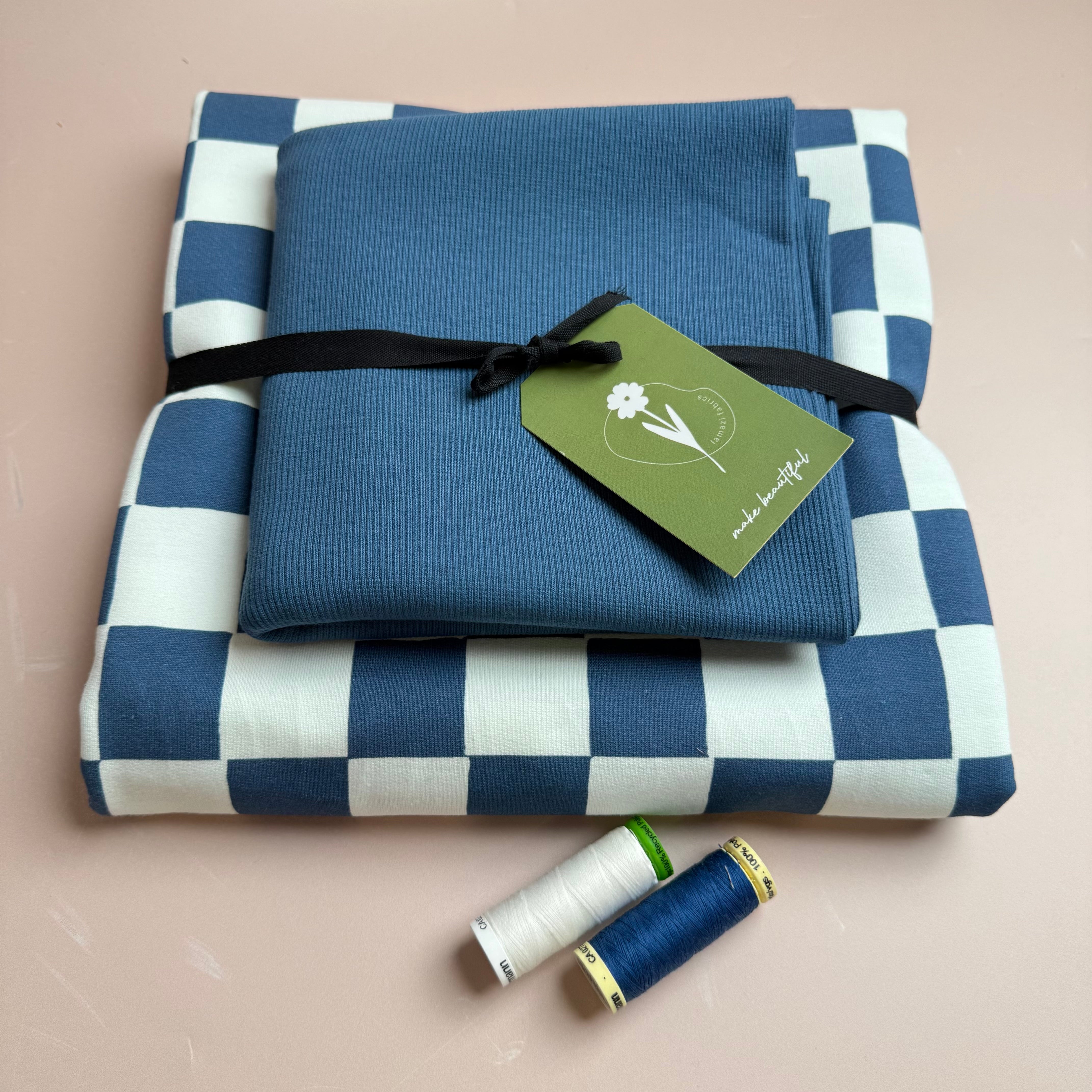 Colour Bundles - Checkers Blue Cotton French Terry & Matching Ribbing