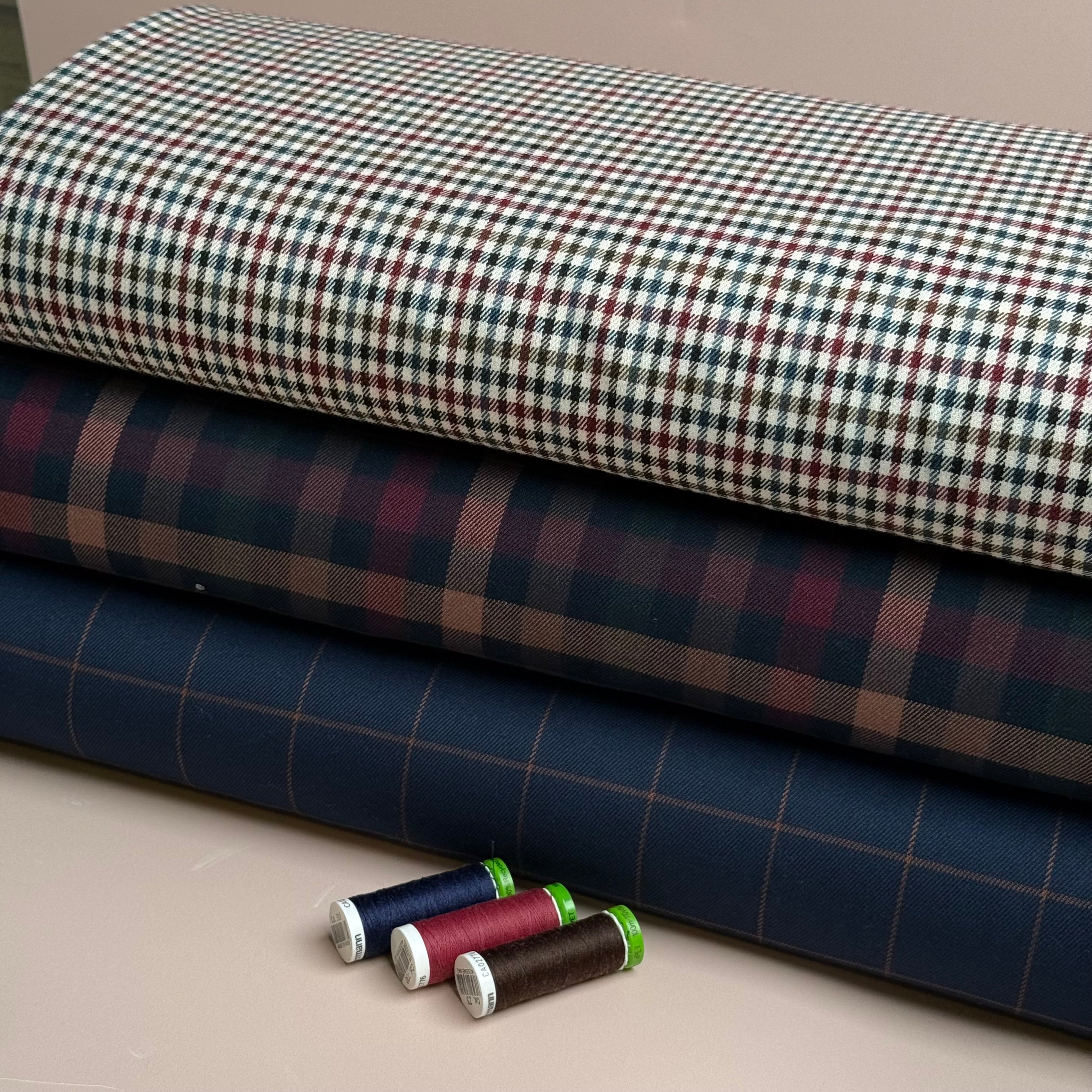 Tartan Check in Navy, Burgundy & Green Viscose Blend Trouser Fabric